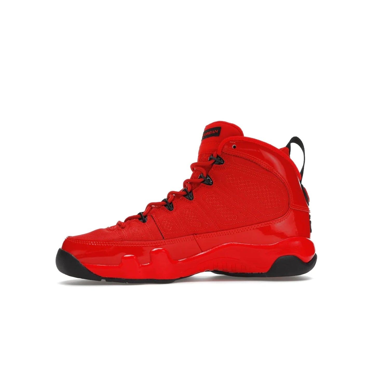 Jordan 9 Retro Chile Red (GS) - Image 18 - Only at www.BallersClubKickz.com - Introducing the Air Jordan 9 Retro Chile Red (GS), a vintage 1993 silhouette with fiery colorway. Features quilted side paneling, glossy patent leather, pull tabs, black contrast accents, and foam midsole. Launching May 2022 for $140.