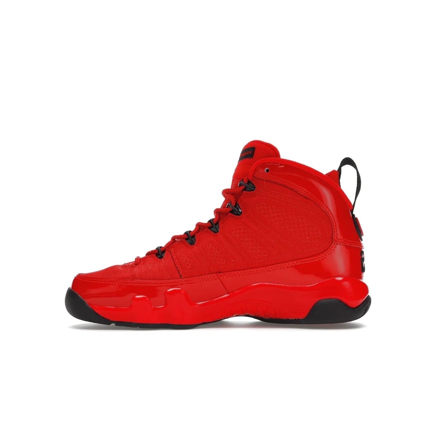 Jordan 9 Retro Chile Red (GS) - Image 19 - Only at www.BallersClubKickz.com - Introducing the Air Jordan 9 Retro Chile Red (GS), a vintage 1993 silhouette with fiery colorway. Features quilted side paneling, glossy patent leather, pull tabs, black contrast accents, and foam midsole. Launching May 2022 for $140.