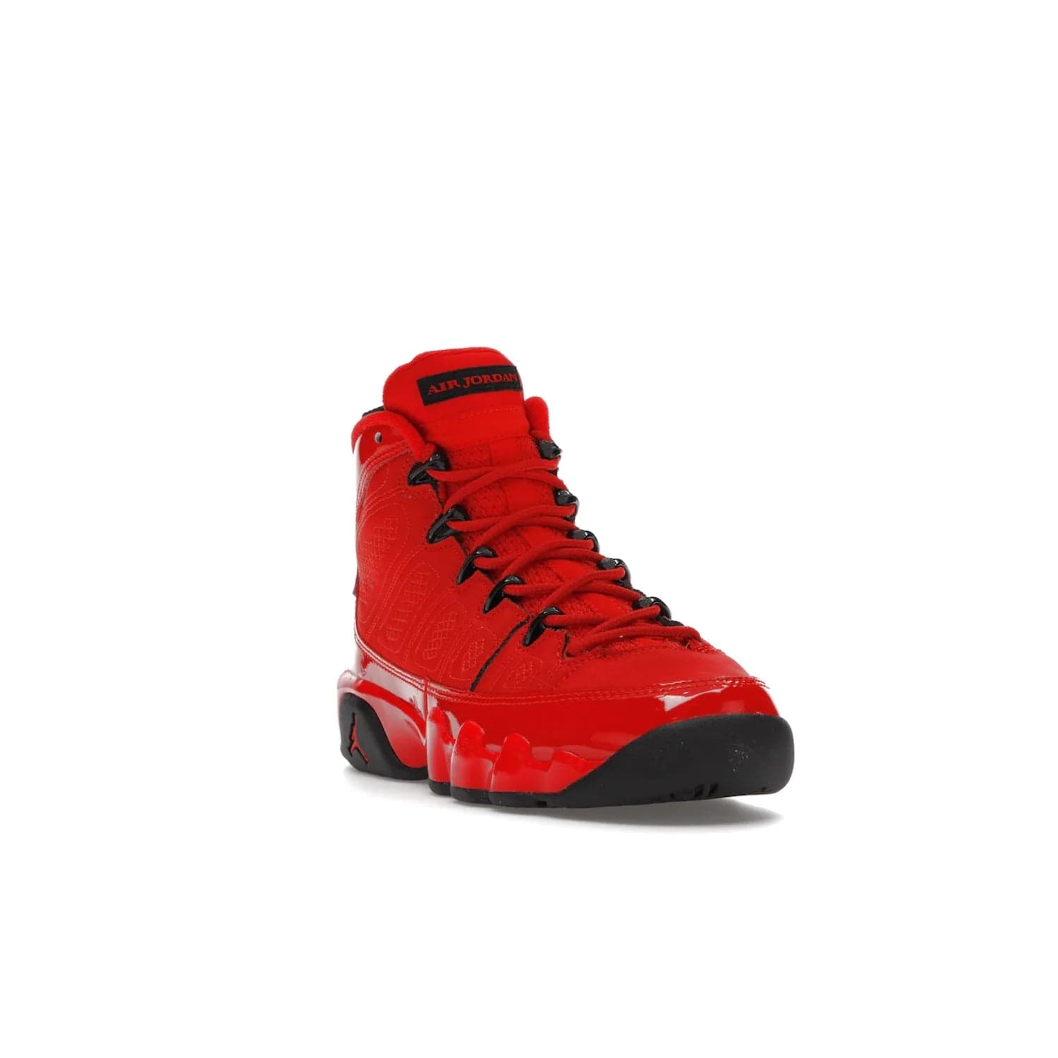Jordan 9 Retro Chile Red (GS) - Image 7 - Only at www.BallersClubKickz.com - Introducing the Air Jordan 9 Retro Chile Red (GS), a vintage 1993 silhouette with fiery colorway. Features quilted side paneling, glossy patent leather, pull tabs, black contrast accents, and foam midsole. Launching May 2022 for $140.