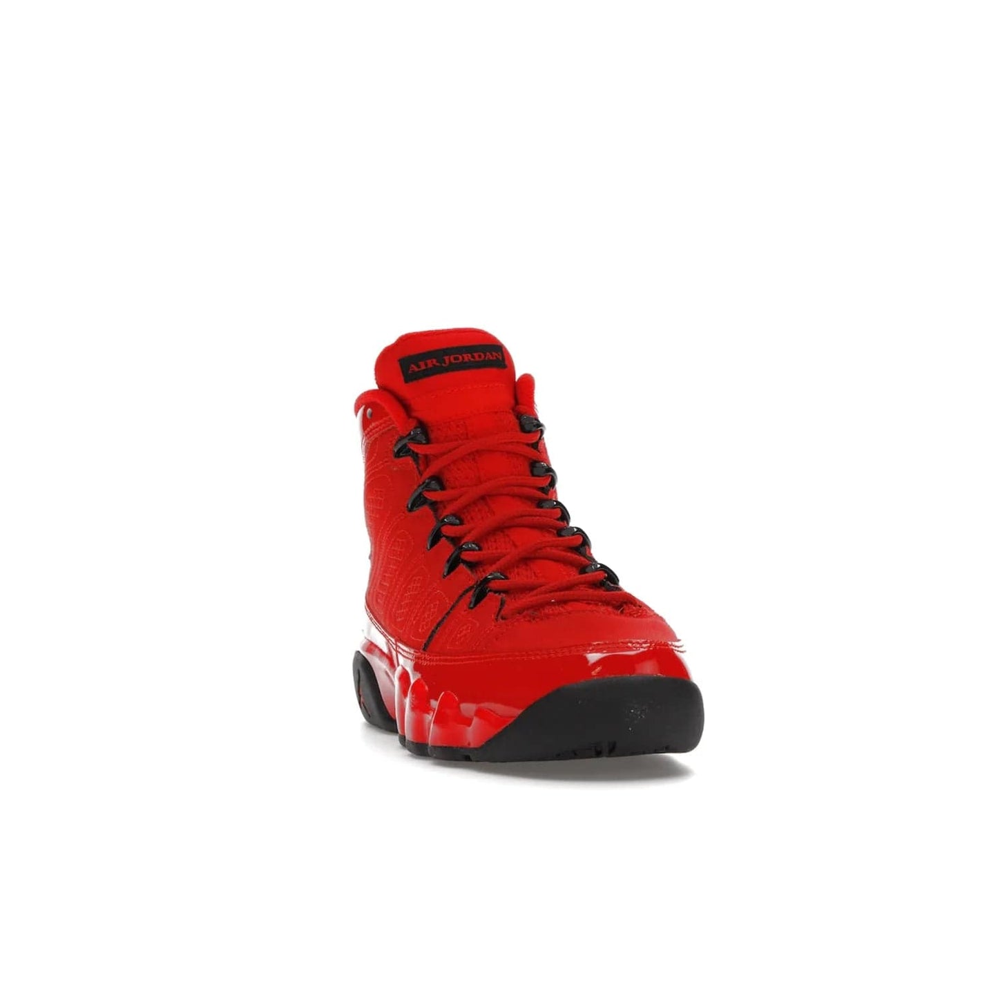 Jordan 9 Retro Chile Red (GS) - Image 8 - Only at www.BallersClubKickz.com - Introducing the Air Jordan 9 Retro Chile Red (GS), a vintage 1993 silhouette with fiery colorway. Features quilted side paneling, glossy patent leather, pull tabs, black contrast accents, and foam midsole. Launching May 2022 for $140.
