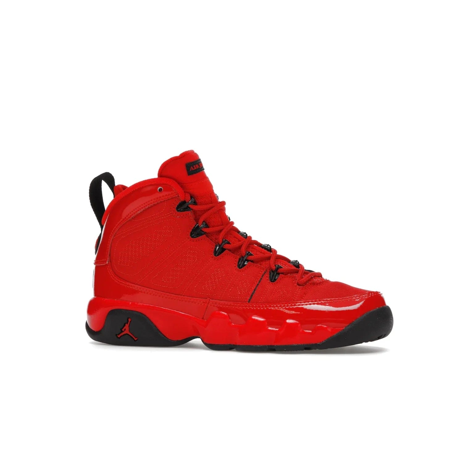 Jordan 9 Retro Chile Red (GS) - Image 3 - Only at www.BallersClubKickz.com - Introducing the Air Jordan 9 Retro Chile Red (GS), a vintage 1993 silhouette with fiery colorway. Features quilted side paneling, glossy patent leather, pull tabs, black contrast accents, and foam midsole. Launching May 2022 for $140.