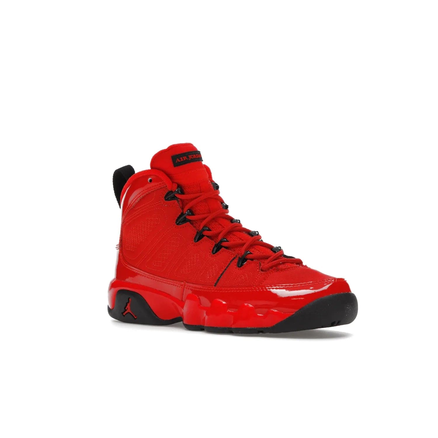 Jordan 9 Retro Chile Red (GS) - Image 5 - Only at www.BallersClubKickz.com - Introducing the Air Jordan 9 Retro Chile Red (GS), a vintage 1993 silhouette with fiery colorway. Features quilted side paneling, glossy patent leather, pull tabs, black contrast accents, and foam midsole. Launching May 2022 for $140.