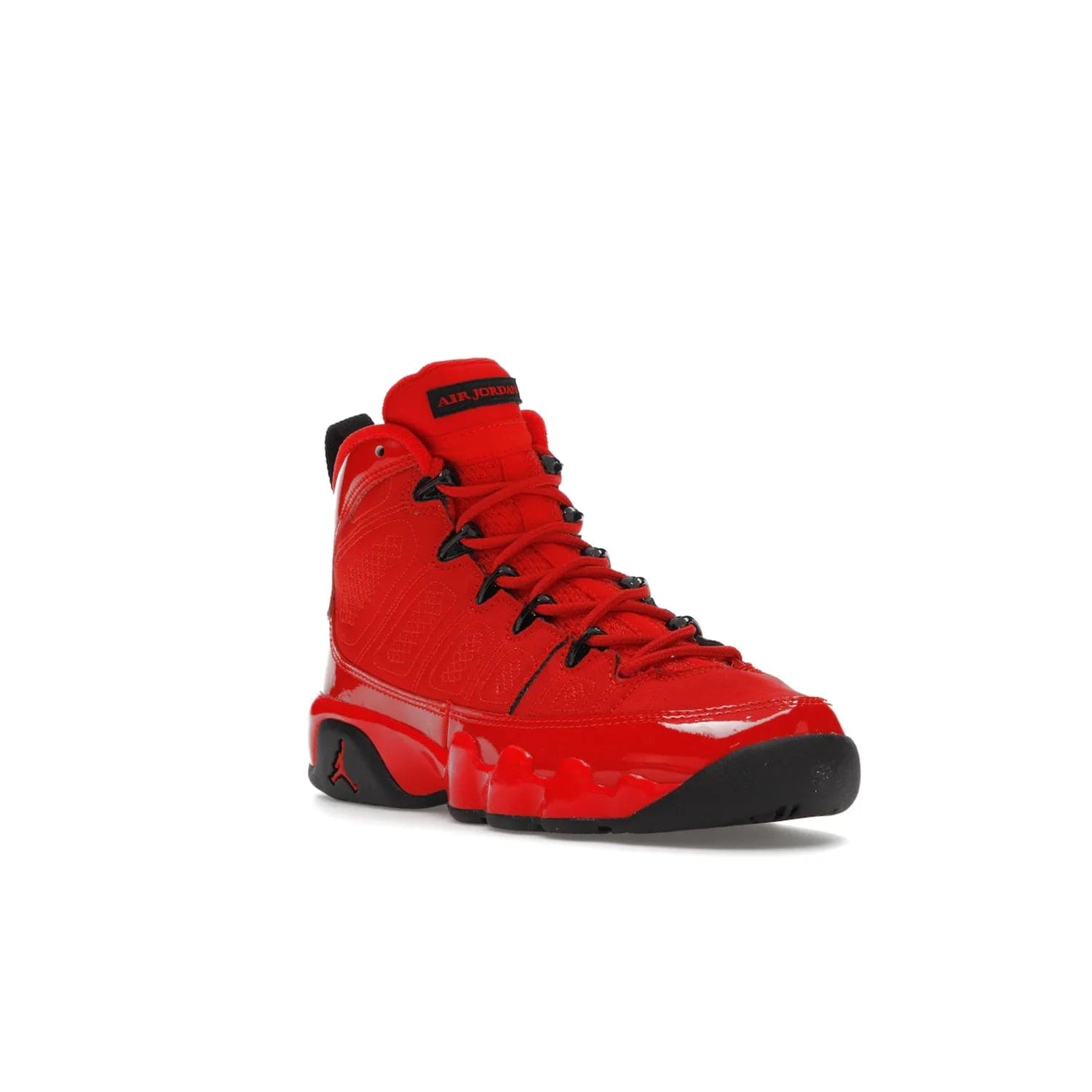 Jordan 9 Retro Chile Red (GS) - Image 6 - Only at www.BallersClubKickz.com - Introducing the Air Jordan 9 Retro Chile Red (GS), a vintage 1993 silhouette with fiery colorway. Features quilted side paneling, glossy patent leather, pull tabs, black contrast accents, and foam midsole. Launching May 2022 for $140.