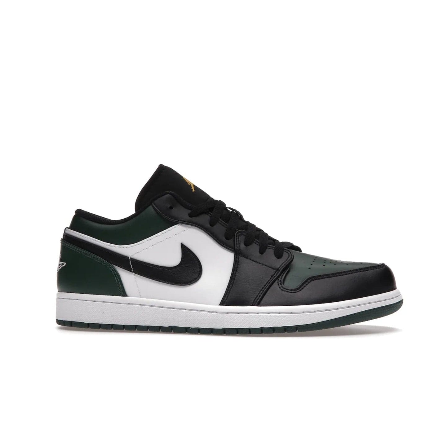 Jordan 1 Low Green Toe - Image 2 - Only at www.BallersClubKickz.com - The Jordan 1 Low Green Toe features white, black and Noble Green leather with black Swoosh. Get the classic Bred Toe-inspired color blocking with green perforated toe box. White and green Air sole completes the design. Released in October 2021 at only $100. Grab your pair now!
