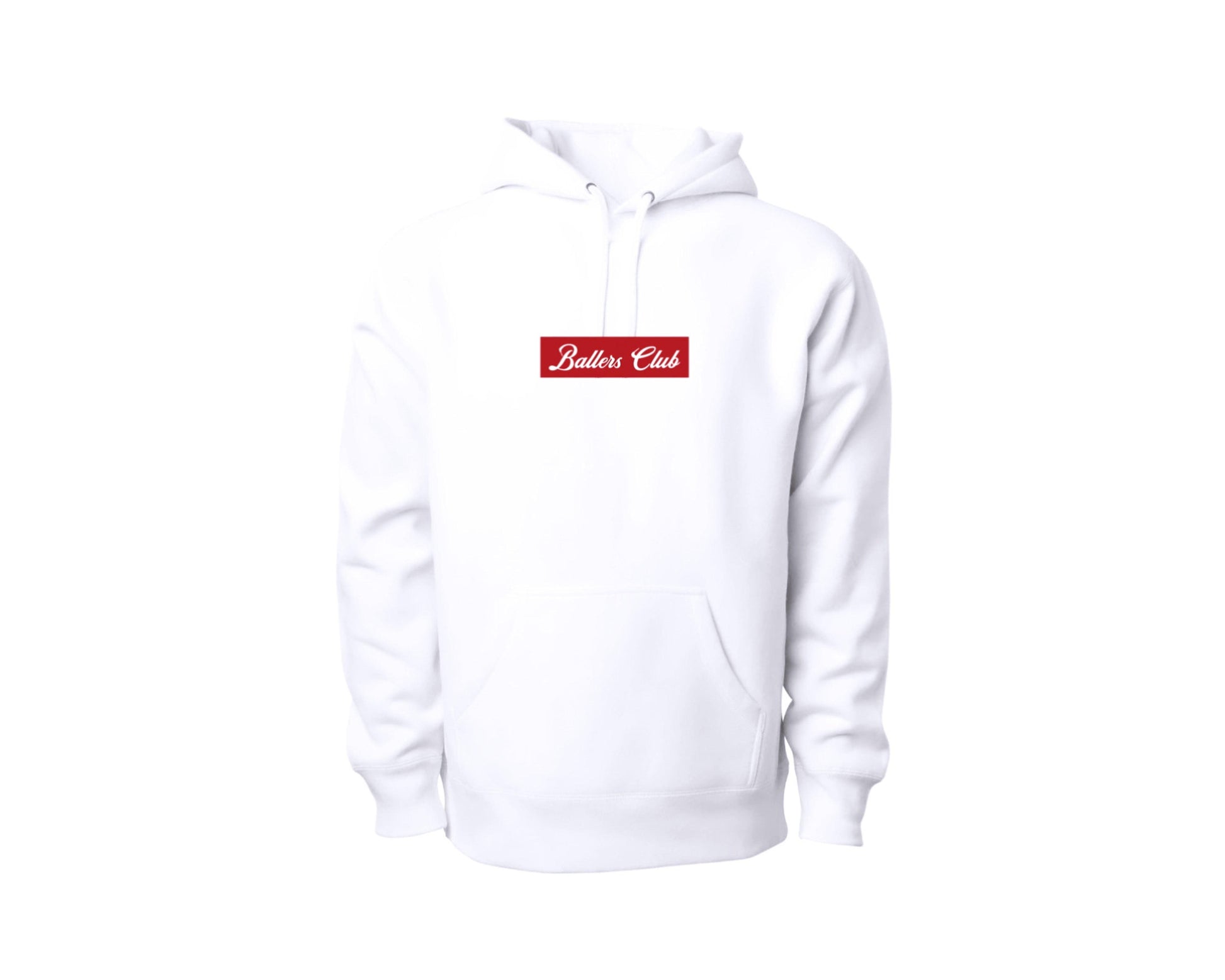Exclusive Ballers Club Box Logo Hooded Pullover - Image 01 - Only at www.BallersClubKickz.com - This is an Exclusive Ballers Club Men's Premium Heavyweight Cross-Grain Box Logo Hooded Pullover. This hooded pullover features 13.5oz/450gm of 3-End brushed back fleece fabric with a 20 singles 100% Ring Spun Cotton.