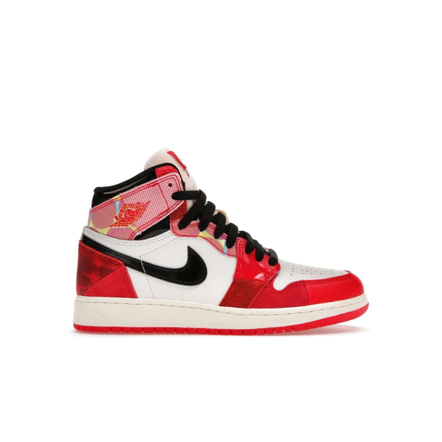 Jordan 1 High OG Spider-Man Across the Spider-Verse (GS) - Image 1 - Only at www.BallersClubKickz.com - Iconic basketball style Jordan 1 High OG Spider-Man Across the Spider-Verse hits the streets May 20th. University Red, Black, and White colorblocking and sleek design will make this shoe a must-have.