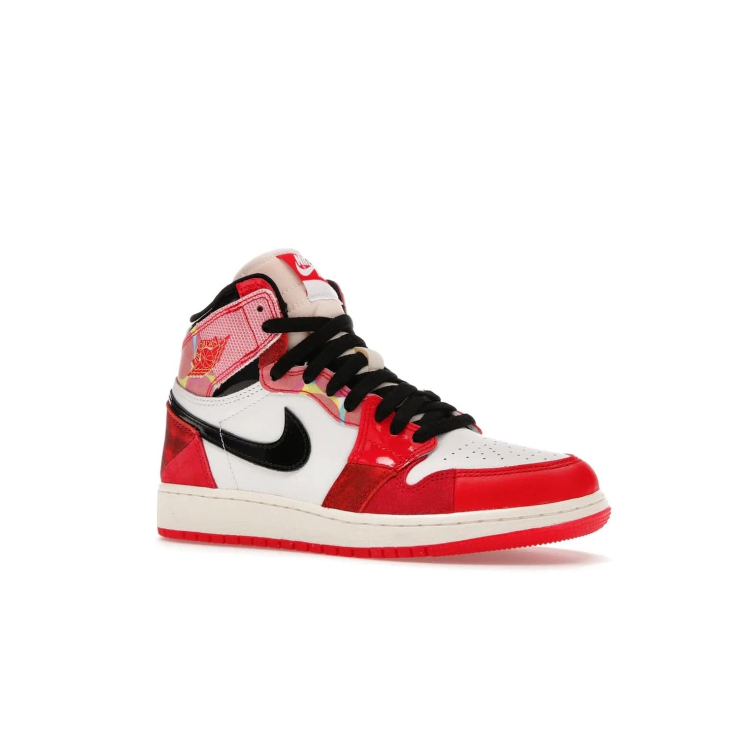 Jordan 1 High OG Spider-Man Across the Spider-Verse (GS) - Image 4 - Only at www.BallersClubKickz.com - Iconic basketball style Jordan 1 High OG Spider-Man Across the Spider-Verse hits the streets May 20th. University Red, Black, and White colorblocking and sleek design will make this shoe a must-have.