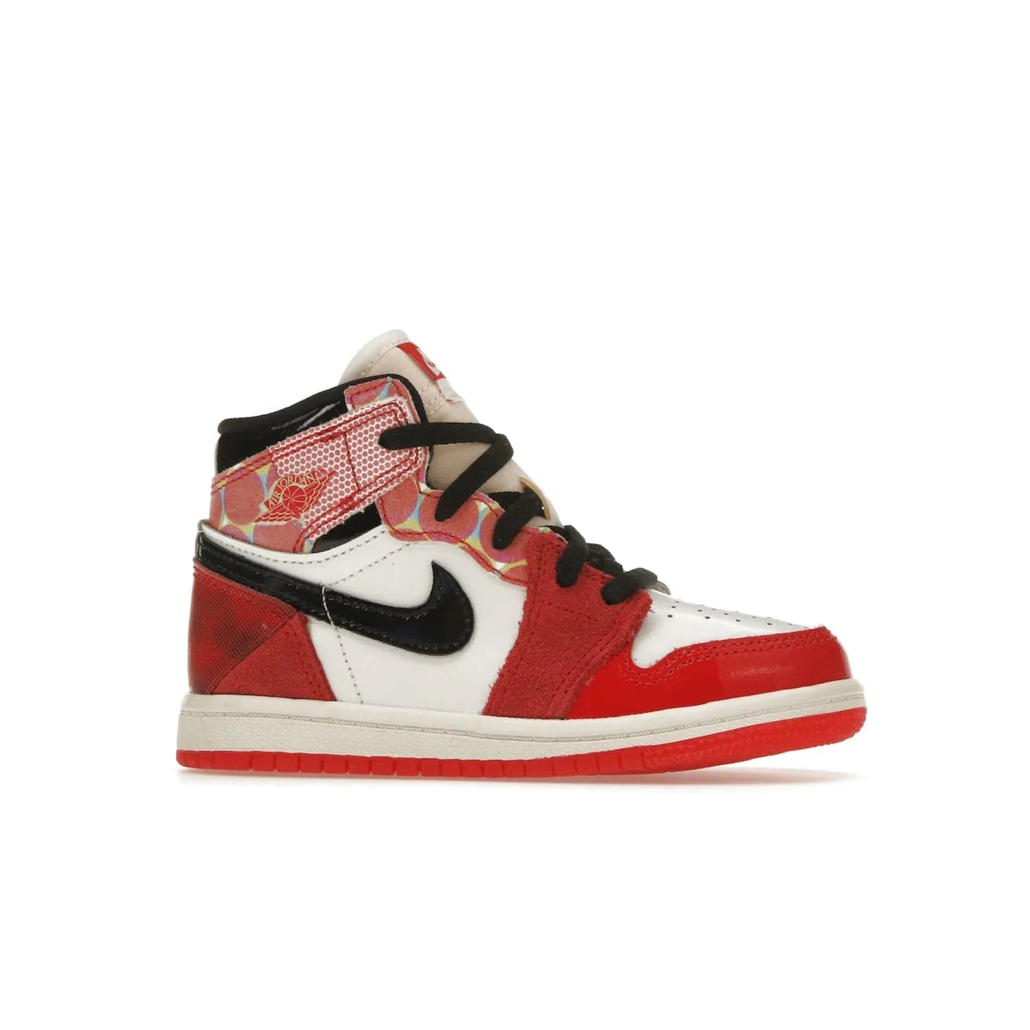 Jordan 1 High OG Spider-Man Across the Spider-Verse (TD) - Image 2 - Only at www.BallersClubKickz.com - The University Red/Black/White Spider-Man Across the Spider-Verse Air Jordan 1 High OG features bold accents and an eye-catching design. Releasing May 2023.