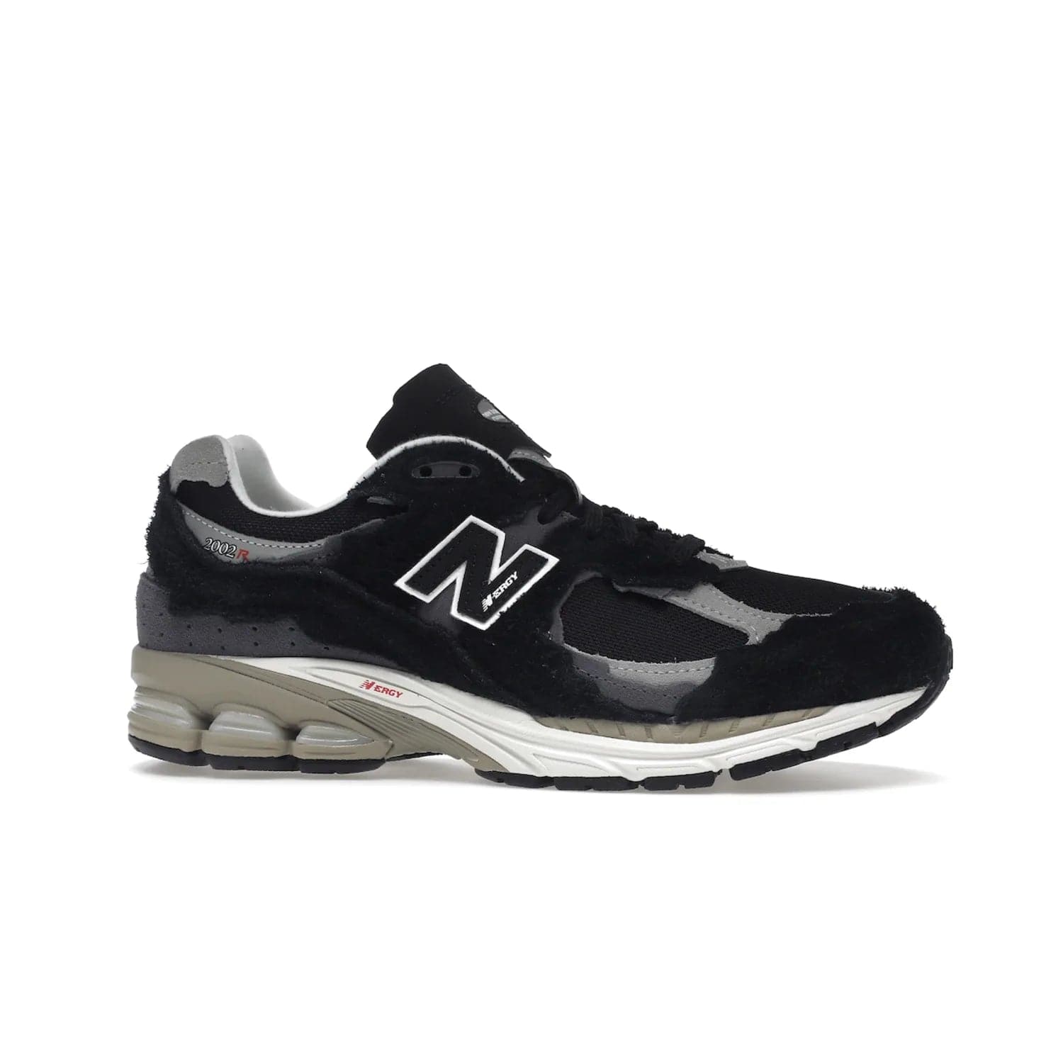 New Balance 2002R Protection Pack Black Grey - Image 2 - Only at www.BallersClubKickz.com - Look stylish in the New Balance 2002R Protection Pack Black Grey. Uppers constructed from premium materials like mesh and synthetic overlays. Iconic "N" emblem appears in white and black. ABZORB midsole for shock absorption and responsiveness. Black outsole for grip and traction. Lacing system offers customized fit and cushioned tongue and collar offer comfort and stability. Step up your style with this must-have