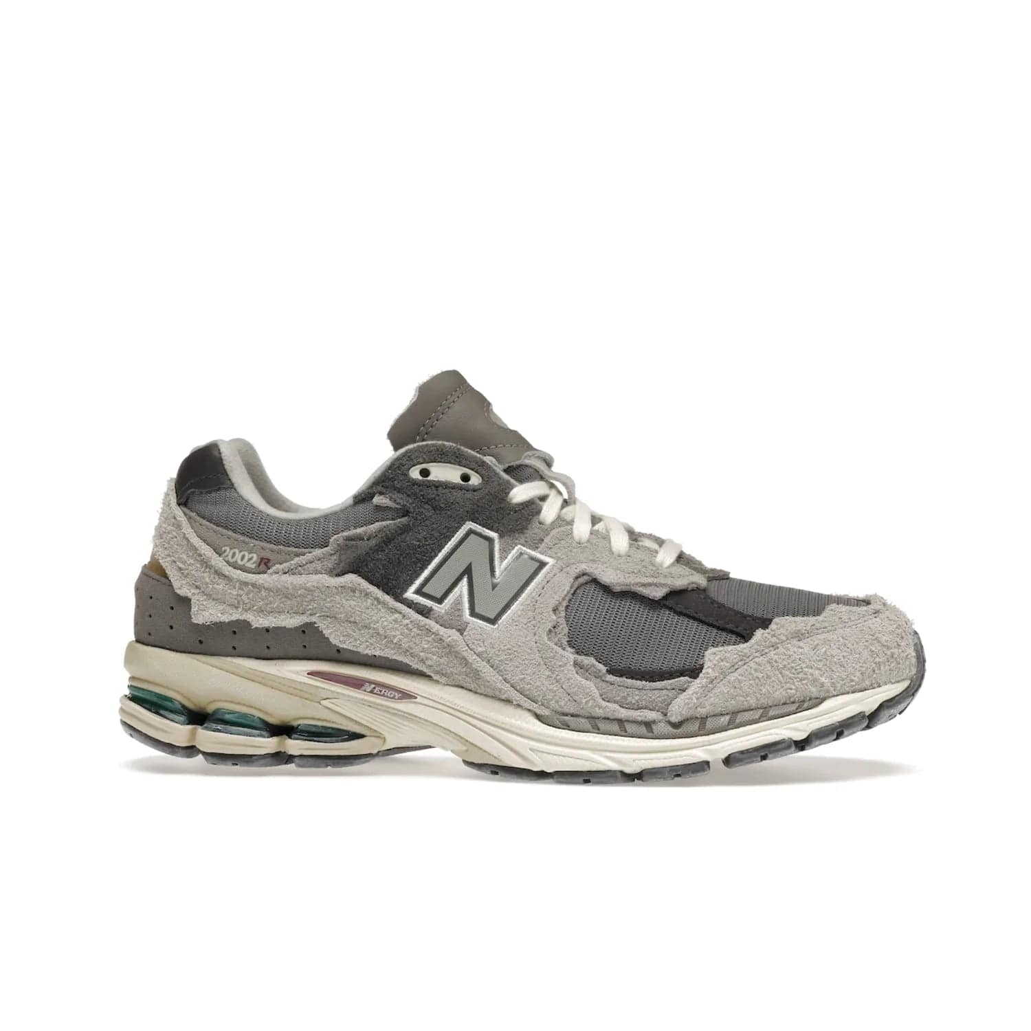 New Balance 2002R Protection Pack Rain Cloud - Image 2 - Only at www.BallersClubKickz.com - The New Balance 2002R Protection Pack Rain Cloud combines style and comfort. Featuring a grey mesh upper, jagged suede overlays and a reflective logo, a vibrant rain cloud motif on the heel stands out! Not just good-looking, the Nrgy midsole and soft grey outsole provide cushioning and comfort. Make a statement with the iconic New Balance 2002R Protection Pack Rain Cloud.