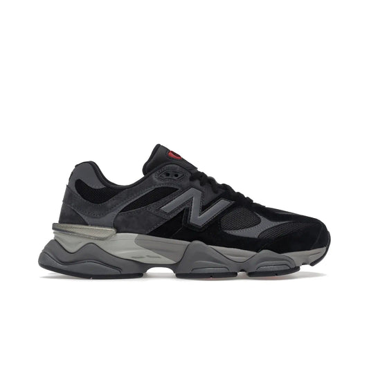 New Balance 9060 Black Castlerock Grey - Image 1 - Only at www.BallersClubKickz.com - New Balance 9060: Inspired by a 90s classic - black mesh upper with pigskin suede and leather overlays, "N" branding, CR device heel, chunky dual-density midsole with ABZORB and SBS cushioning technology, released in September 2022 at a retail price of $150.