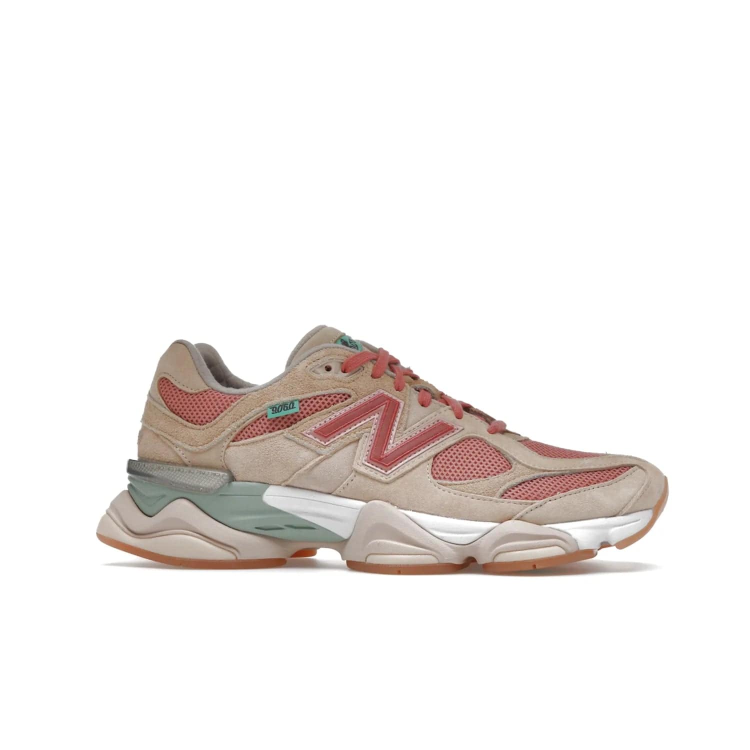 New Balance 9060 Joe Freshgoods Inside Voices Penny Cookie Pink - Image 2 - Only at www.BallersClubKickz.com - Introducing the New Balance 9060 Joe Freshgoods Inside Voices Cookie Pink. A stylish and comfortable sneaker featuring an ivory cream and blossom mesh construction, light brown suede overlays, New Balance logos, and "Inside Voices" embroidery. A white, green and beige sculptural sole finishes the look.