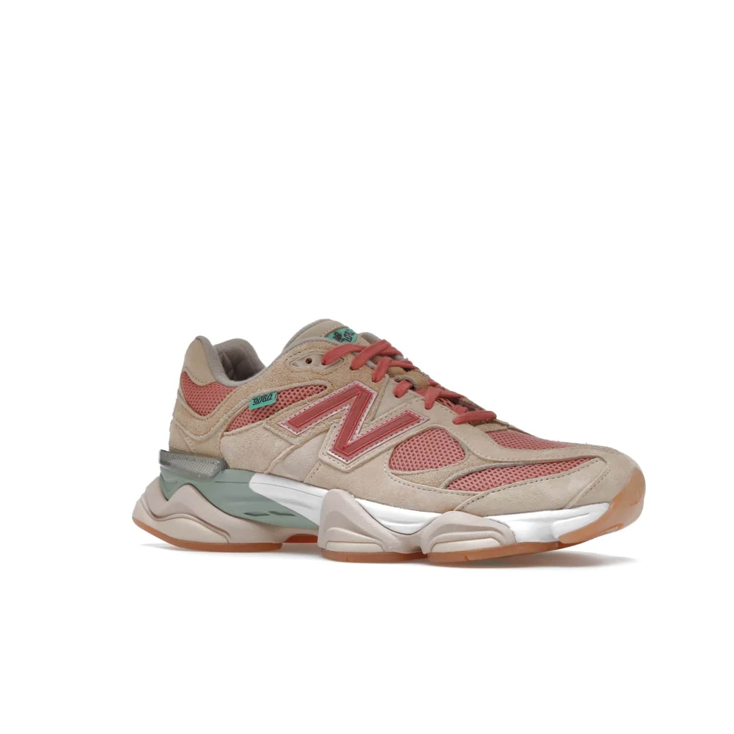 New Balance 9060 Joe Freshgoods Inside Voices Penny Cookie Pink - Image 4 - Only at www.BallersClubKickz.com - Introducing the New Balance 9060 Joe Freshgoods Inside Voices Cookie Pink. A stylish and comfortable sneaker featuring an ivory cream and blossom mesh construction, light brown suede overlays, New Balance logos, and "Inside Voices" embroidery. A white, green and beige sculptural sole finishes the look.
