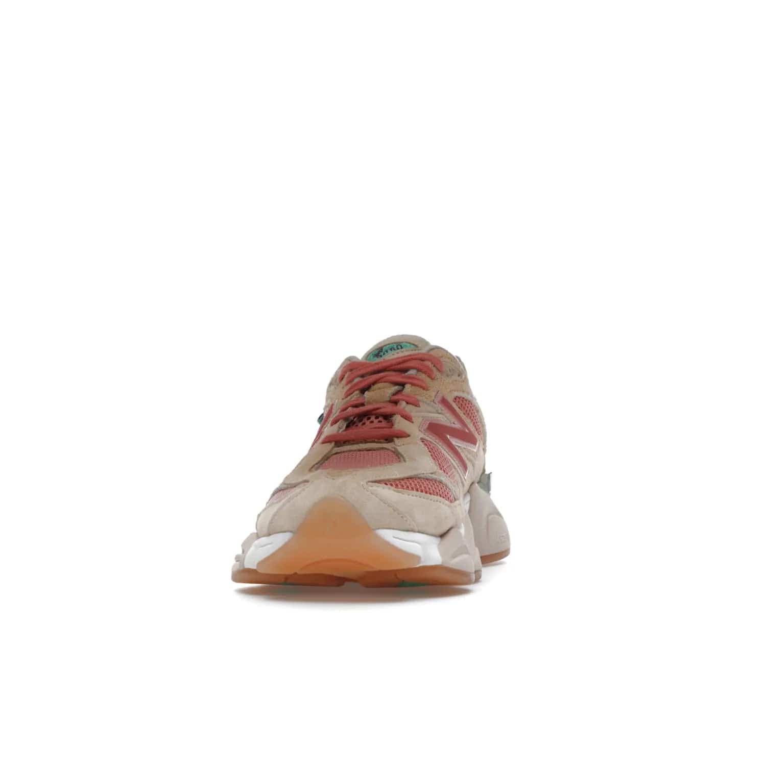 New Balance 9060 Joe Freshgoods Inside Voices Penny Cookie Pink - Image 11 - Only at www.BallersClubKickz.com - Introducing the New Balance 9060 Joe Freshgoods Inside Voices Cookie Pink. A stylish and comfortable sneaker featuring an ivory cream and blossom mesh construction, light brown suede overlays, New Balance logos, and "Inside Voices" embroidery. A white, green and beige sculptural sole finishes the look.