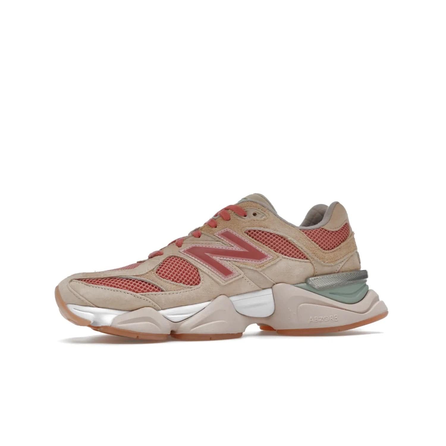 New Balance 9060 Joe Freshgoods Inside Voices Penny Cookie Pink - Image 17 - Only at www.BallersClubKickz.com - Introducing the New Balance 9060 Joe Freshgoods Inside Voices Cookie Pink. A stylish and comfortable sneaker featuring an ivory cream and blossom mesh construction, light brown suede overlays, New Balance logos, and "Inside Voices" embroidery. A white, green and beige sculptural sole finishes the look.