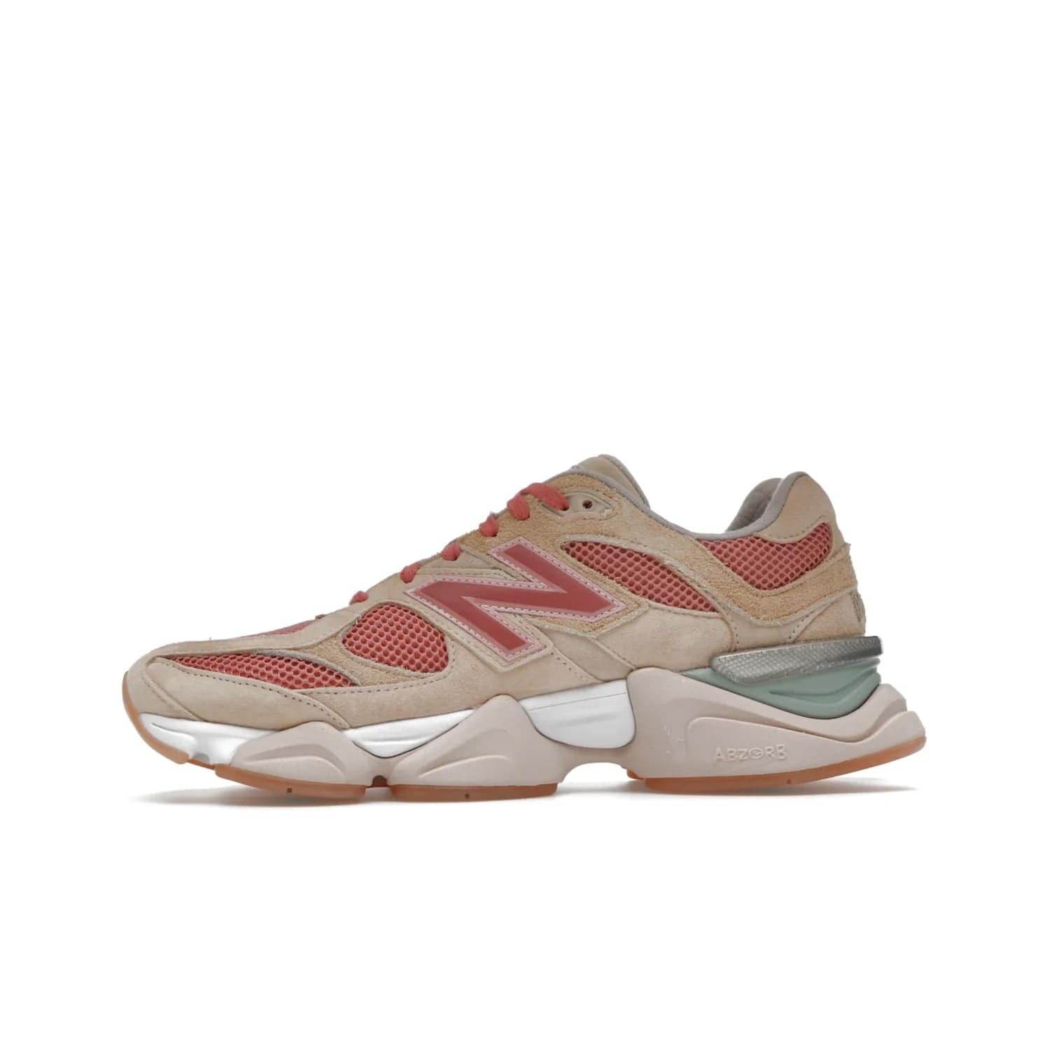 New Balance 9060 Joe Freshgoods Inside Voices Penny Cookie Pink - Image 18 - Only at www.BallersClubKickz.com - Introducing the New Balance 9060 Joe Freshgoods Inside Voices Cookie Pink. A stylish and comfortable sneaker featuring an ivory cream and blossom mesh construction, light brown suede overlays, New Balance logos, and "Inside Voices" embroidery. A white, green and beige sculptural sole finishes the look.