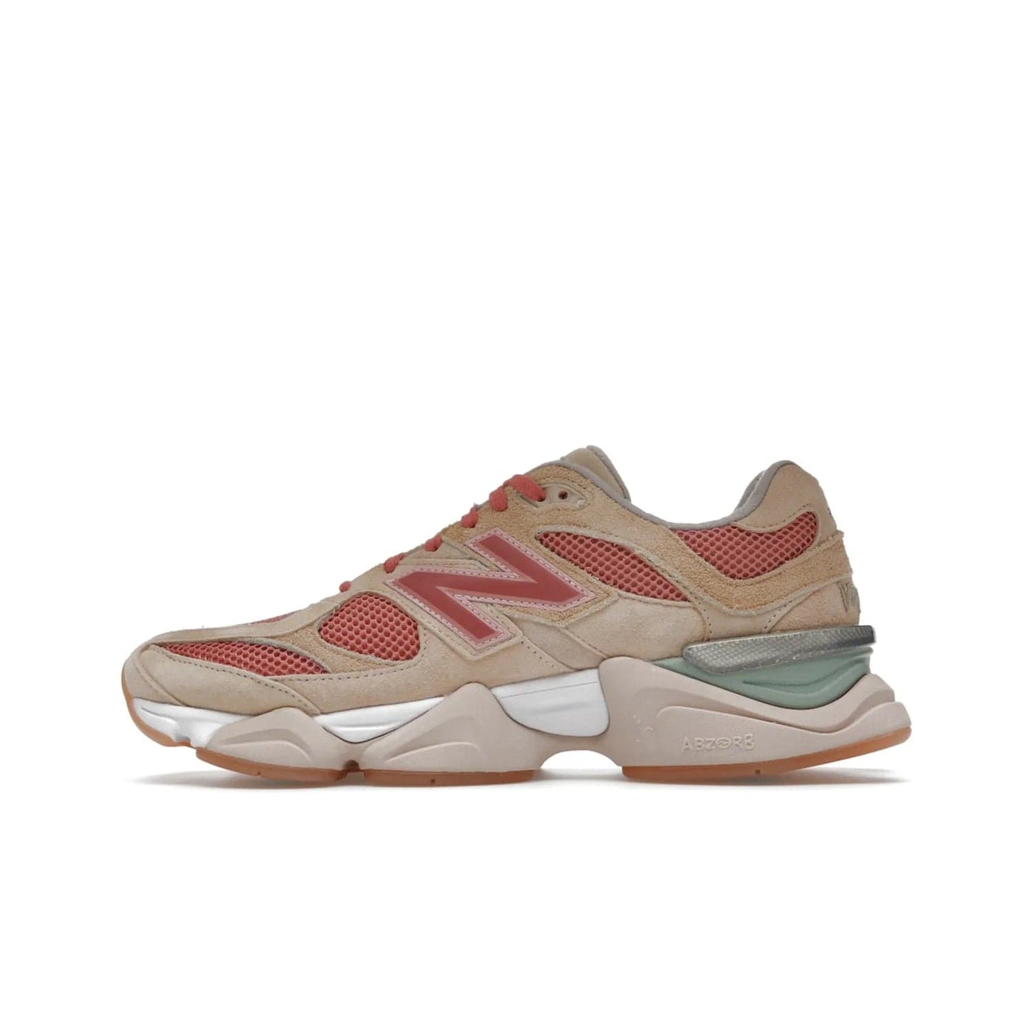 New Balance 9060 Joe Freshgoods Inside Voices Penny Cookie Pink - Image 19 - Only at www.BallersClubKickz.com - Introducing the New Balance 9060 Joe Freshgoods Inside Voices Cookie Pink. A stylish and comfortable sneaker featuring an ivory cream and blossom mesh construction, light brown suede overlays, New Balance logos, and "Inside Voices" embroidery. A white, green and beige sculptural sole finishes the look.