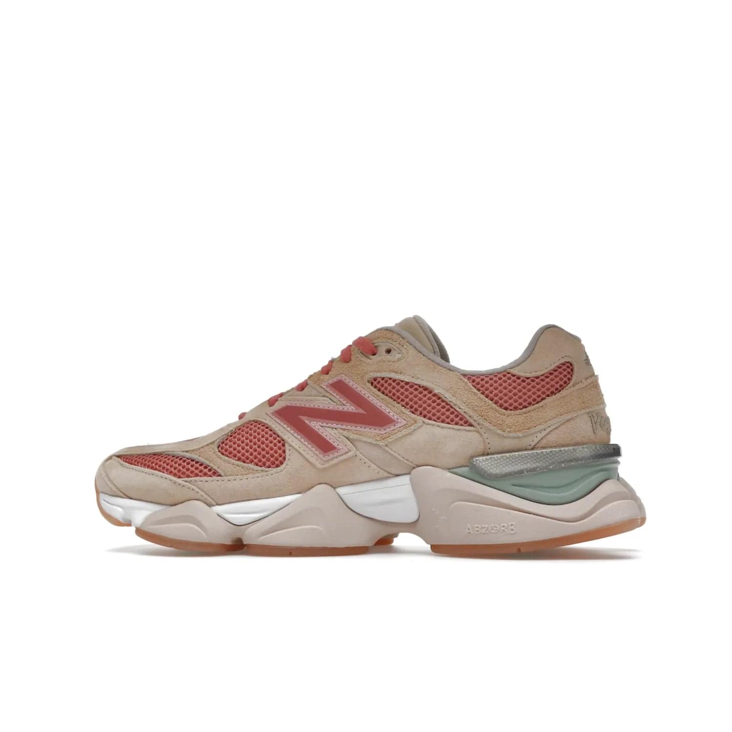 New Balance 9060 Joe Freshgoods Inside Voices Penny Cookie Pink - Image 20 - Only at www.BallersClubKickz.com - Introducing the New Balance 9060 Joe Freshgoods Inside Voices Cookie Pink. A stylish and comfortable sneaker featuring an ivory cream and blossom mesh construction, light brown suede overlays, New Balance logos, and "Inside Voices" embroidery. A white, green and beige sculptural sole finishes the look.