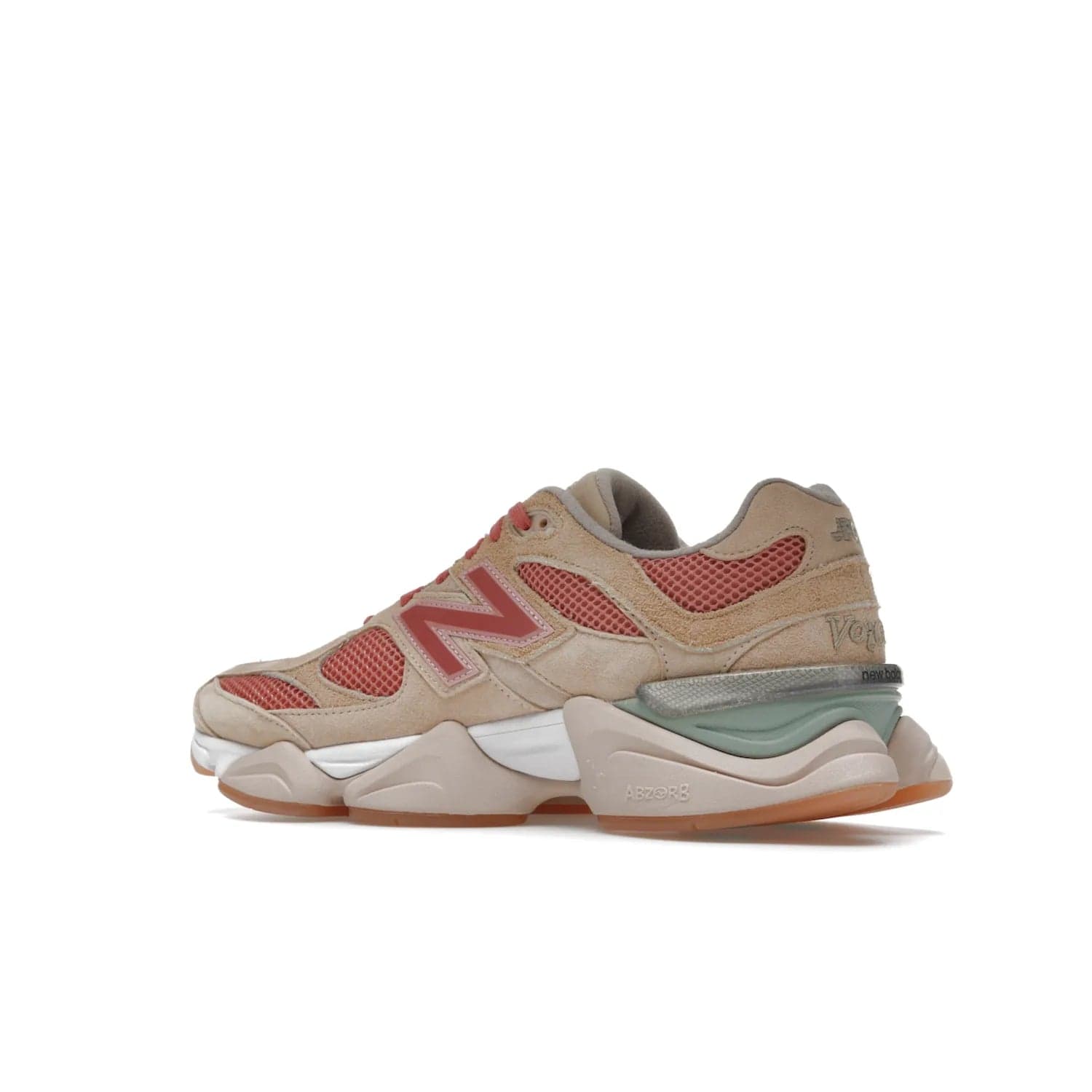 New Balance 9060 Joe Freshgoods Inside Voices Penny Cookie Pink - Image 22 - Only at www.BallersClubKickz.com - Introducing the New Balance 9060 Joe Freshgoods Inside Voices Cookie Pink. A stylish and comfortable sneaker featuring an ivory cream and blossom mesh construction, light brown suede overlays, New Balance logos, and "Inside Voices" embroidery. A white, green and beige sculptural sole finishes the look.