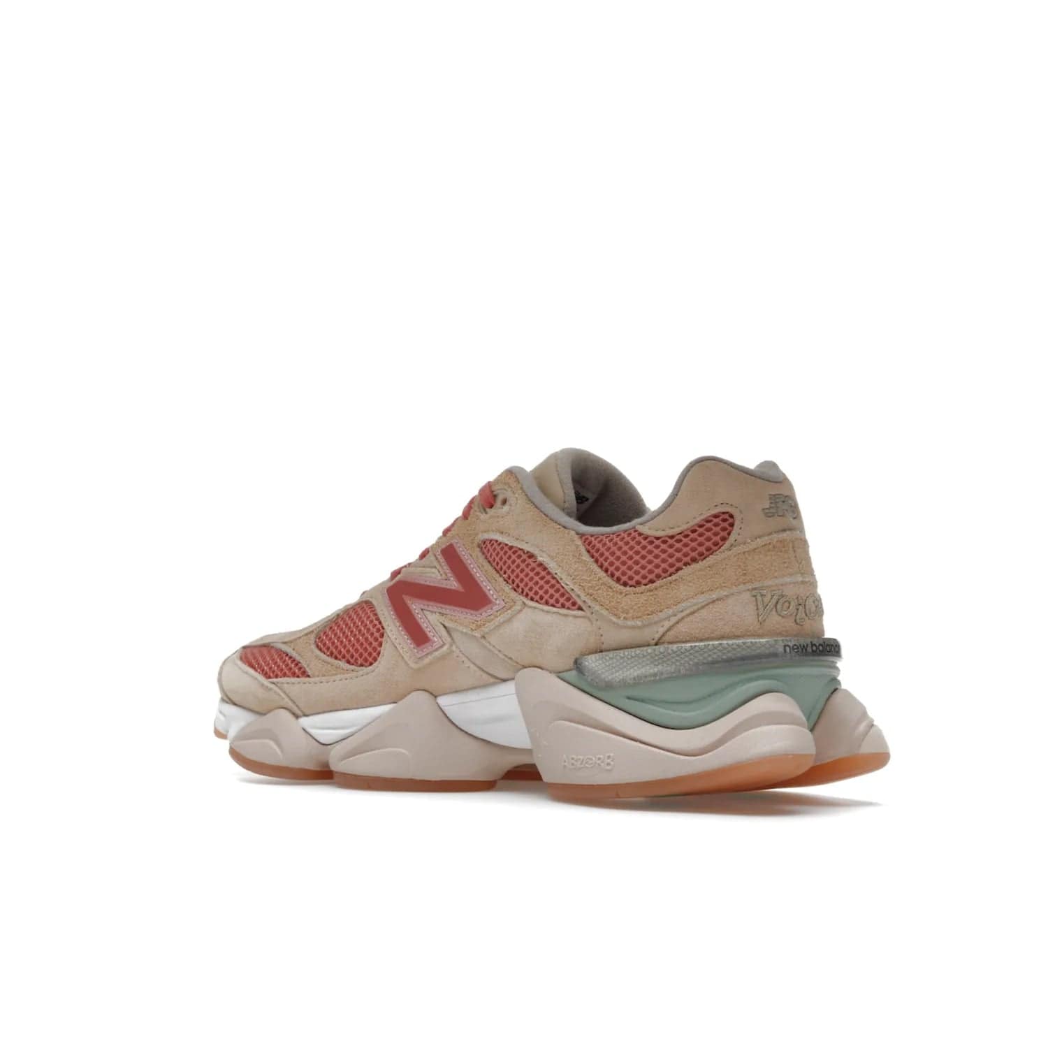 New Balance 9060 Joe Freshgoods Inside Voices Penny Cookie Pink - Image 23 - Only at www.BallersClubKickz.com - Introducing the New Balance 9060 Joe Freshgoods Inside Voices Cookie Pink. A stylish and comfortable sneaker featuring an ivory cream and blossom mesh construction, light brown suede overlays, New Balance logos, and "Inside Voices" embroidery. A white, green and beige sculptural sole finishes the look.