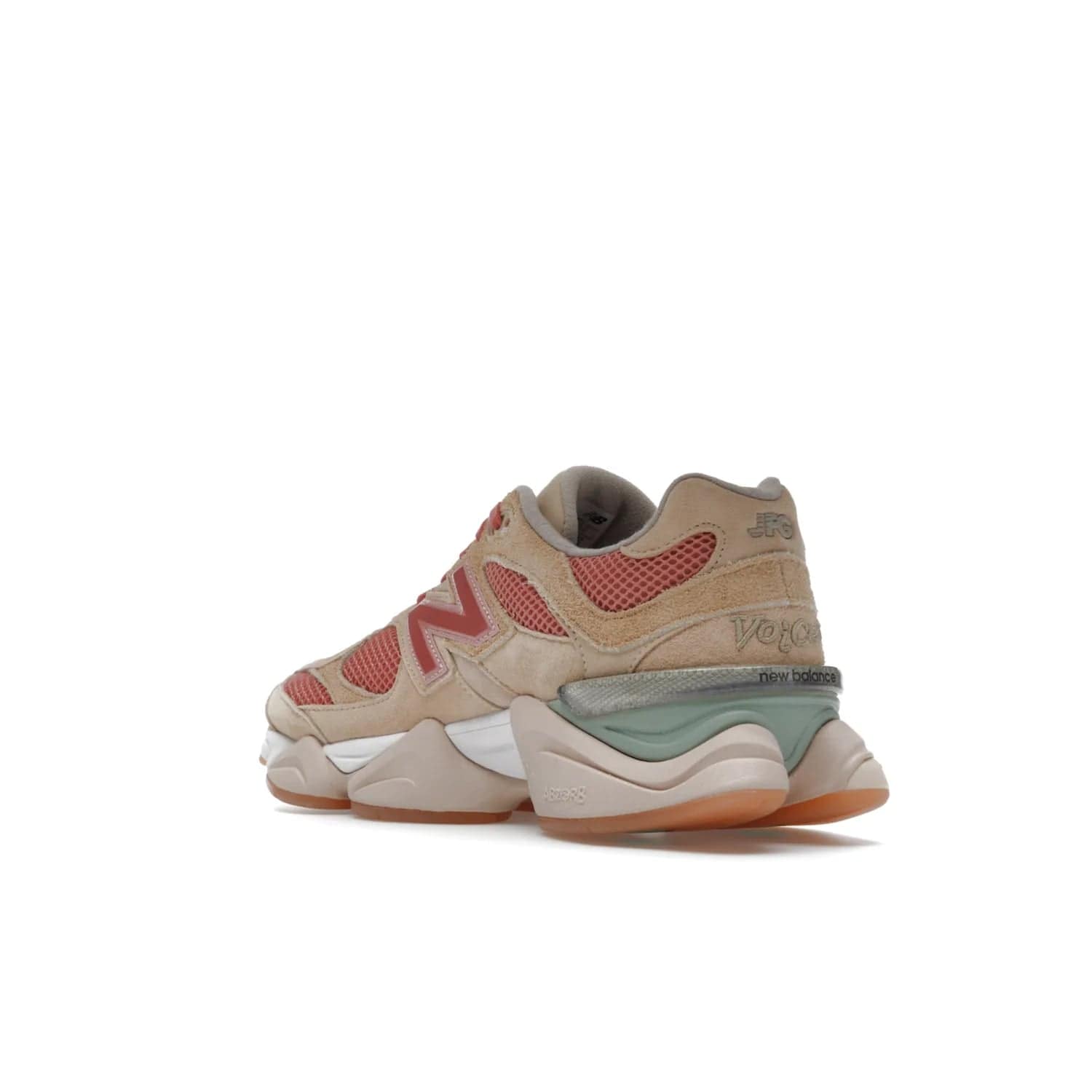 New Balance 9060 Joe Freshgoods Inside Voices Penny Cookie Pink - Image 24 - Only at www.BallersClubKickz.com - Introducing the New Balance 9060 Joe Freshgoods Inside Voices Cookie Pink. A stylish and comfortable sneaker featuring an ivory cream and blossom mesh construction, light brown suede overlays, New Balance logos, and "Inside Voices" embroidery. A white, green and beige sculptural sole finishes the look.