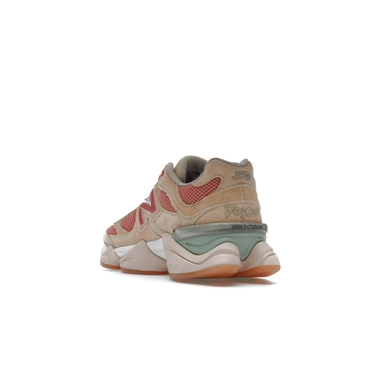 New Balance 9060 Joe Freshgoods Inside Voices Penny Cookie Pink - Image 25 - Only at www.BallersClubKickz.com - Introducing the New Balance 9060 Joe Freshgoods Inside Voices Cookie Pink. A stylish and comfortable sneaker featuring an ivory cream and blossom mesh construction, light brown suede overlays, New Balance logos, and "Inside Voices" embroidery. A white, green and beige sculptural sole finishes the look.