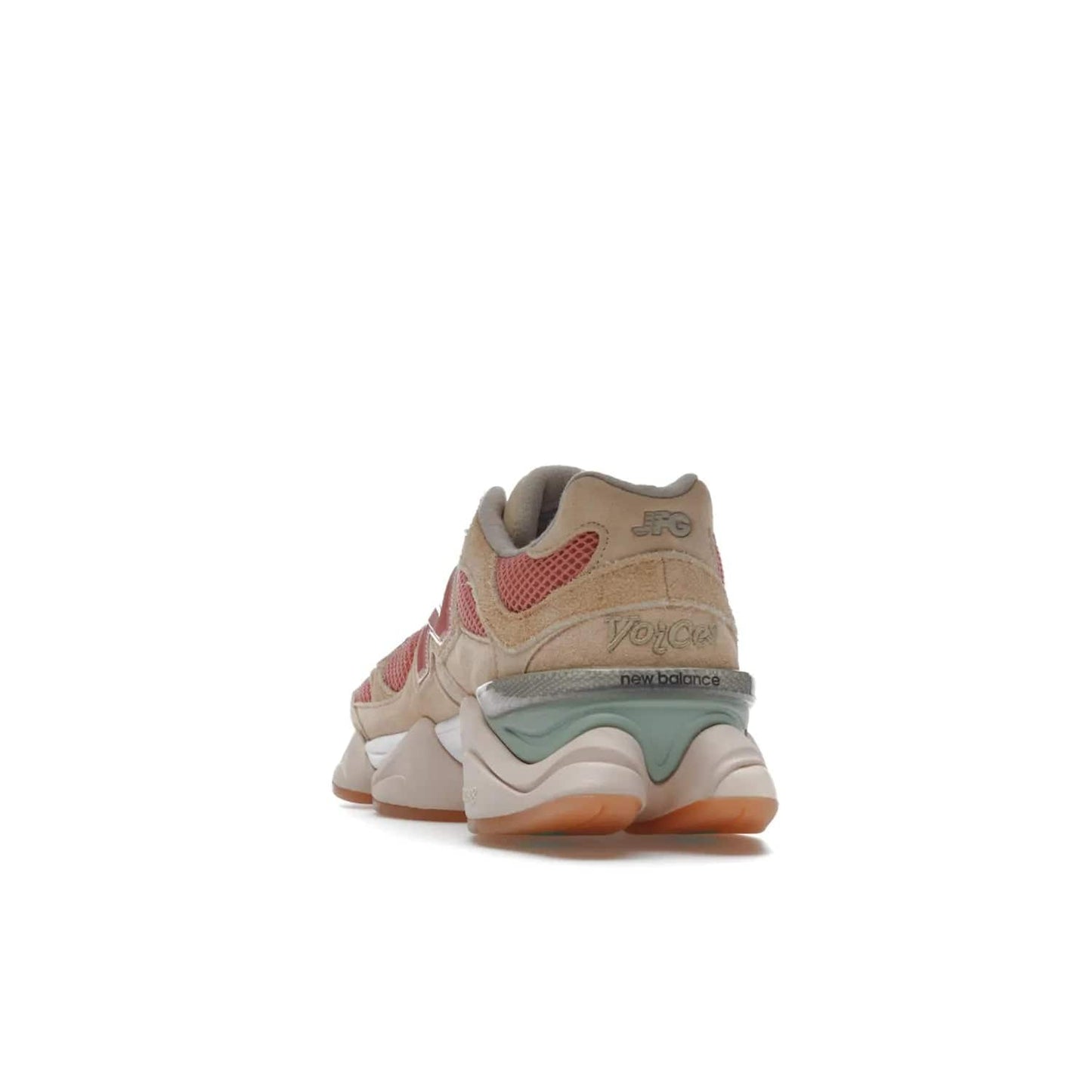 New Balance 9060 Joe Freshgoods Inside Voices Penny Cookie Pink - Image 26 - Only at www.BallersClubKickz.com - Introducing the New Balance 9060 Joe Freshgoods Inside Voices Cookie Pink. A stylish and comfortable sneaker featuring an ivory cream and blossom mesh construction, light brown suede overlays, New Balance logos, and "Inside Voices" embroidery. A white, green and beige sculptural sole finishes the look.