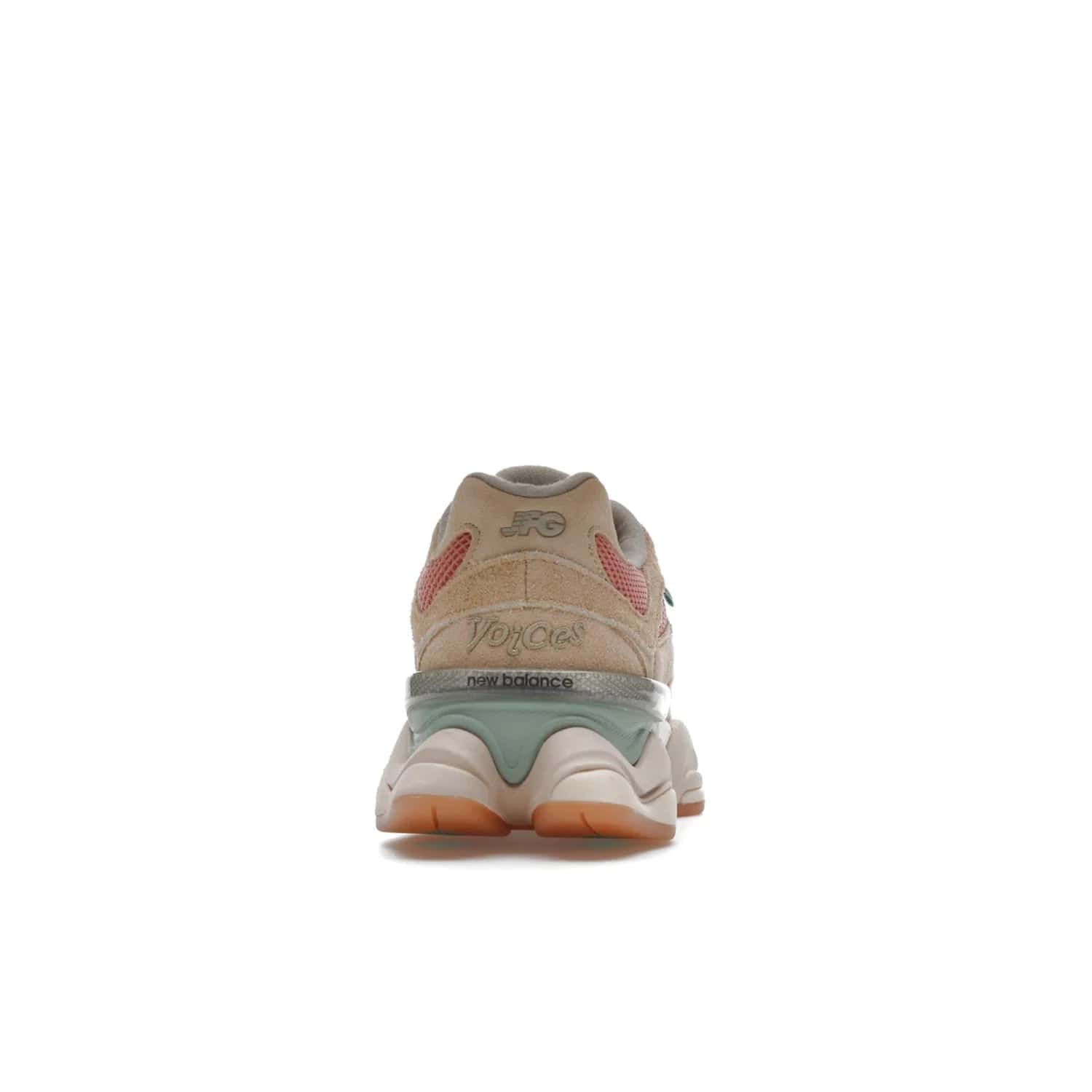 New Balance 9060 Joe Freshgoods Inside Voices Penny Cookie Pink - Image 28 - Only at www.BallersClubKickz.com - Introducing the New Balance 9060 Joe Freshgoods Inside Voices Cookie Pink. A stylish and comfortable sneaker featuring an ivory cream and blossom mesh construction, light brown suede overlays, New Balance logos, and "Inside Voices" embroidery. A white, green and beige sculptural sole finishes the look.