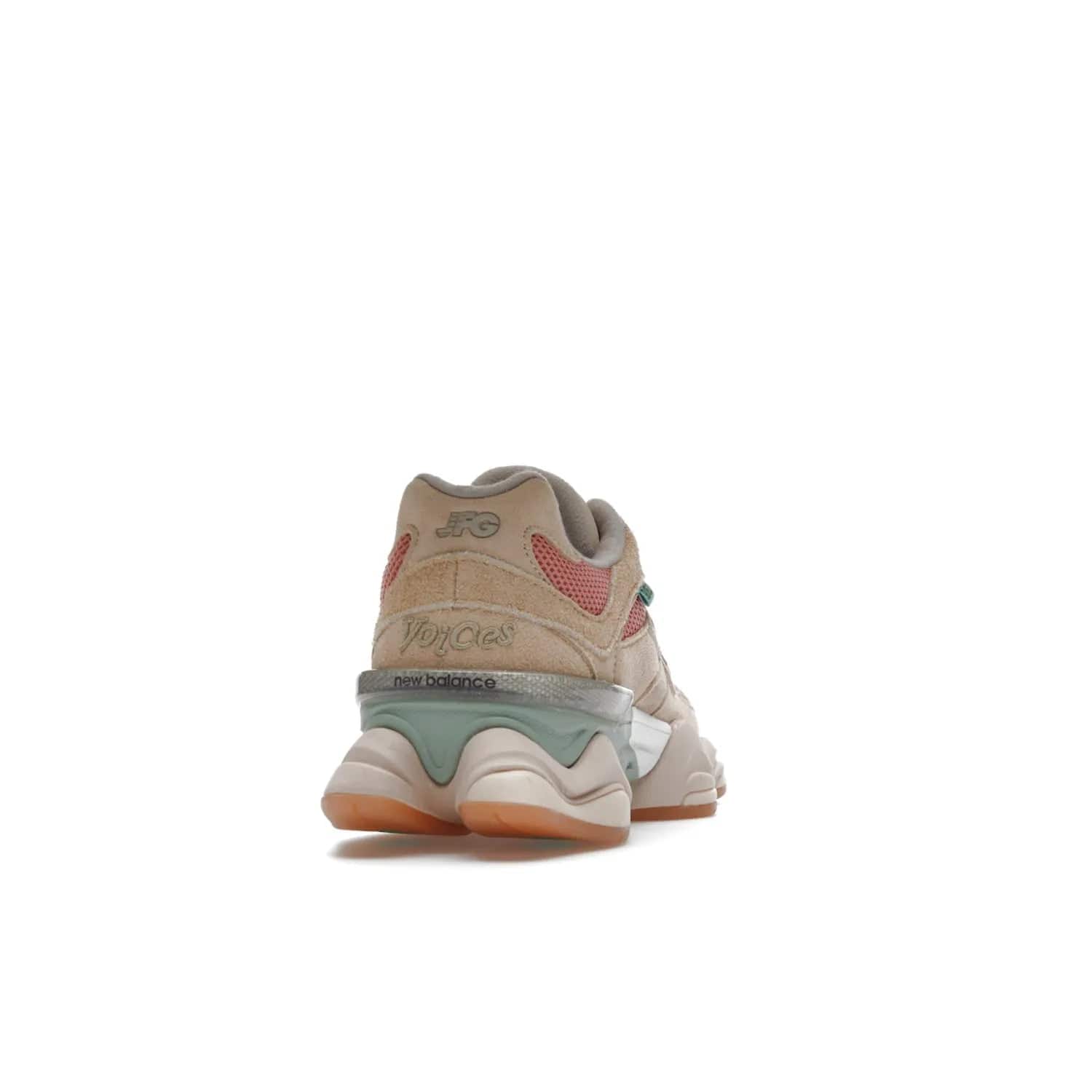 New Balance 9060 Joe Freshgoods Inside Voices Penny Cookie Pink - Image 29 - Only at www.BallersClubKickz.com - Introducing the New Balance 9060 Joe Freshgoods Inside Voices Cookie Pink. A stylish and comfortable sneaker featuring an ivory cream and blossom mesh construction, light brown suede overlays, New Balance logos, and "Inside Voices" embroidery. A white, green and beige sculptural sole finishes the look.