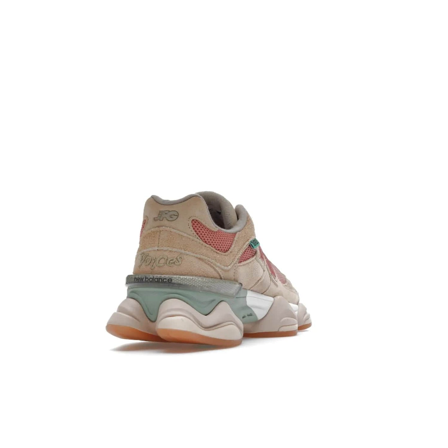 New Balance 9060 Joe Freshgoods Inside Voices Penny Cookie Pink - Image 30 - Only at www.BallersClubKickz.com - Introducing the New Balance 9060 Joe Freshgoods Inside Voices Cookie Pink. A stylish and comfortable sneaker featuring an ivory cream and blossom mesh construction, light brown suede overlays, New Balance logos, and "Inside Voices" embroidery. A white, green and beige sculptural sole finishes the look.