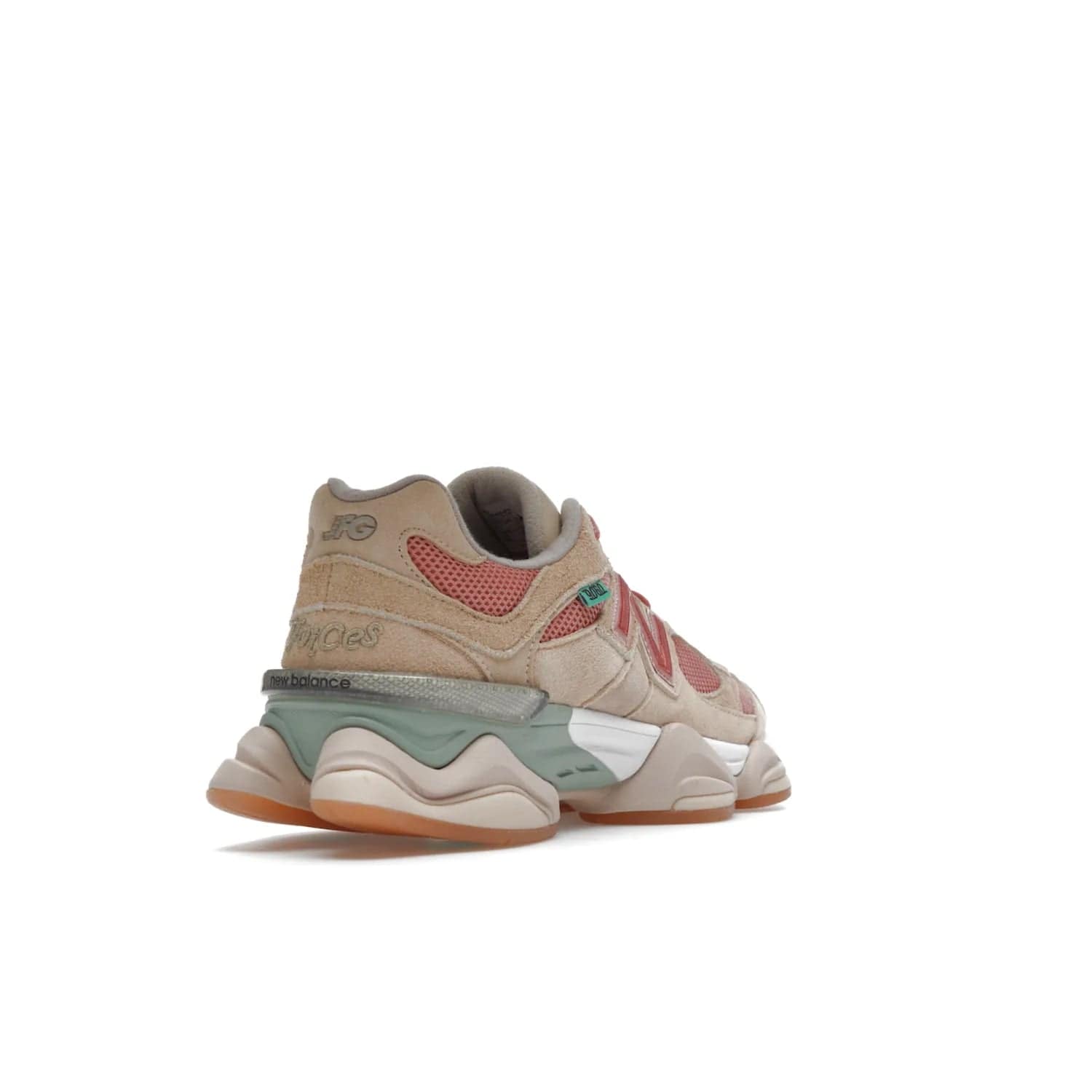 New Balance 9060 Joe Freshgoods Inside Voices Penny Cookie Pink - Image 31 - Only at www.BallersClubKickz.com - Introducing the New Balance 9060 Joe Freshgoods Inside Voices Cookie Pink. A stylish and comfortable sneaker featuring an ivory cream and blossom mesh construction, light brown suede overlays, New Balance logos, and "Inside Voices" embroidery. A white, green and beige sculptural sole finishes the look.