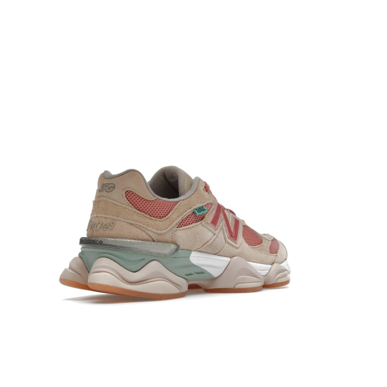 New Balance 9060 Joe Freshgoods Inside Voices Penny Cookie Pink - Image 32 - Only at www.BallersClubKickz.com - Introducing the New Balance 9060 Joe Freshgoods Inside Voices Cookie Pink. A stylish and comfortable sneaker featuring an ivory cream and blossom mesh construction, light brown suede overlays, New Balance logos, and "Inside Voices" embroidery. A white, green and beige sculptural sole finishes the look.
