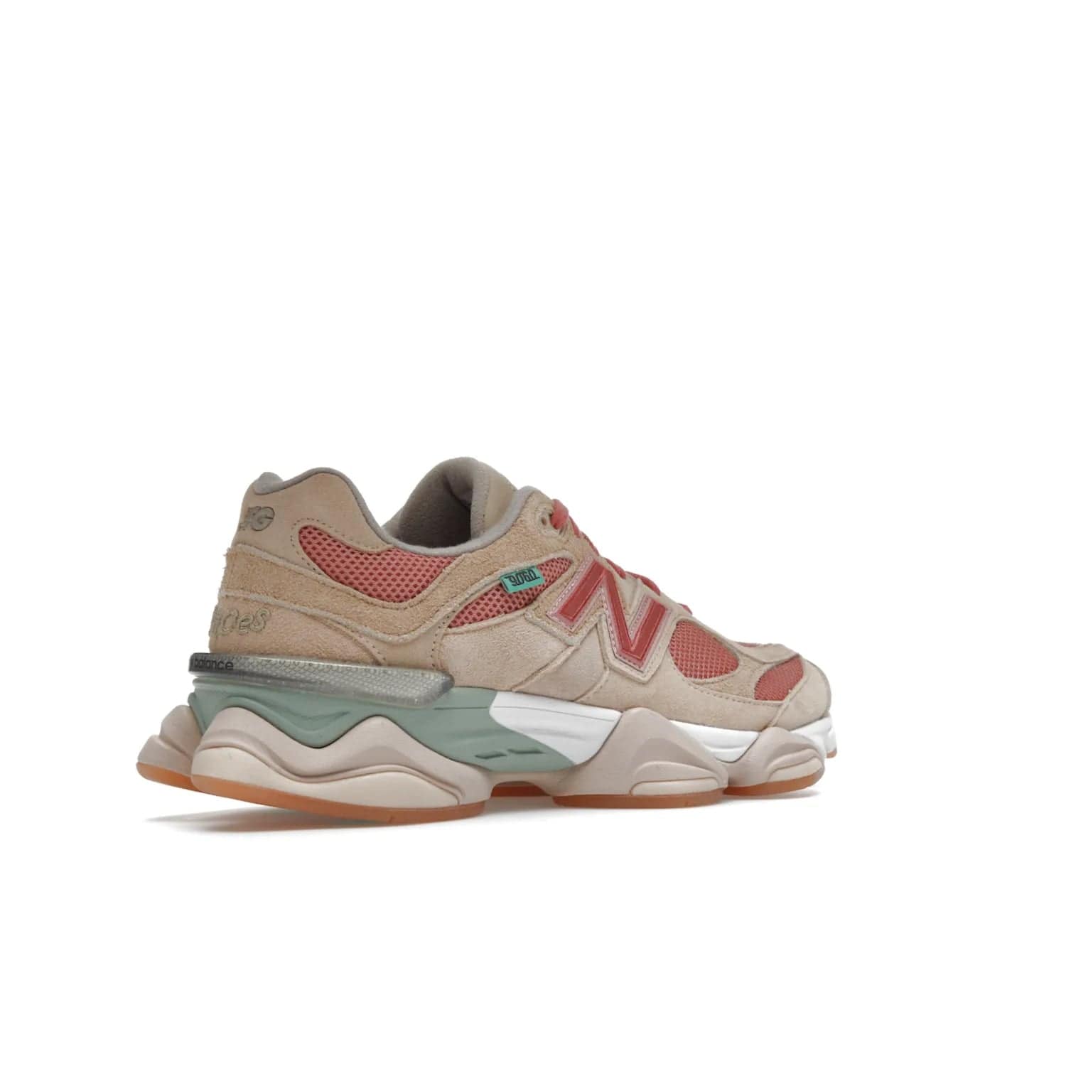 New Balance 9060 Joe Freshgoods Inside Voices Penny Cookie Pink - Image 33 - Only at www.BallersClubKickz.com - Introducing the New Balance 9060 Joe Freshgoods Inside Voices Cookie Pink. A stylish and comfortable sneaker featuring an ivory cream and blossom mesh construction, light brown suede overlays, New Balance logos, and "Inside Voices" embroidery. A white, green and beige sculptural sole finishes the look.