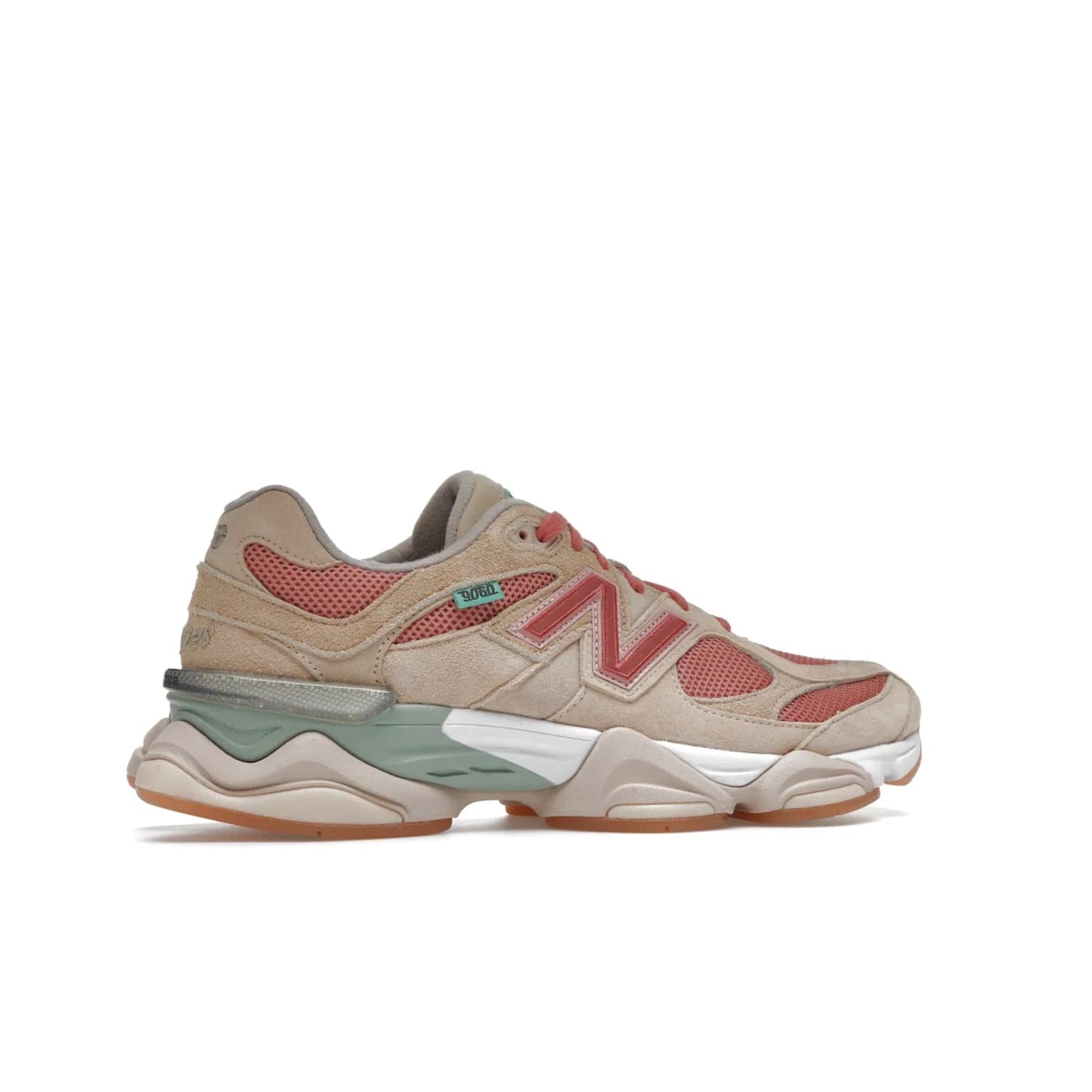 New Balance 9060 Joe Freshgoods Inside Voices Penny Cookie Pink - Image 35 - Only at www.BallersClubKickz.com - Introducing the New Balance 9060 Joe Freshgoods Inside Voices Cookie Pink. A stylish and comfortable sneaker featuring an ivory cream and blossom mesh construction, light brown suede overlays, New Balance logos, and "Inside Voices" embroidery. A white, green and beige sculptural sole finishes the look.