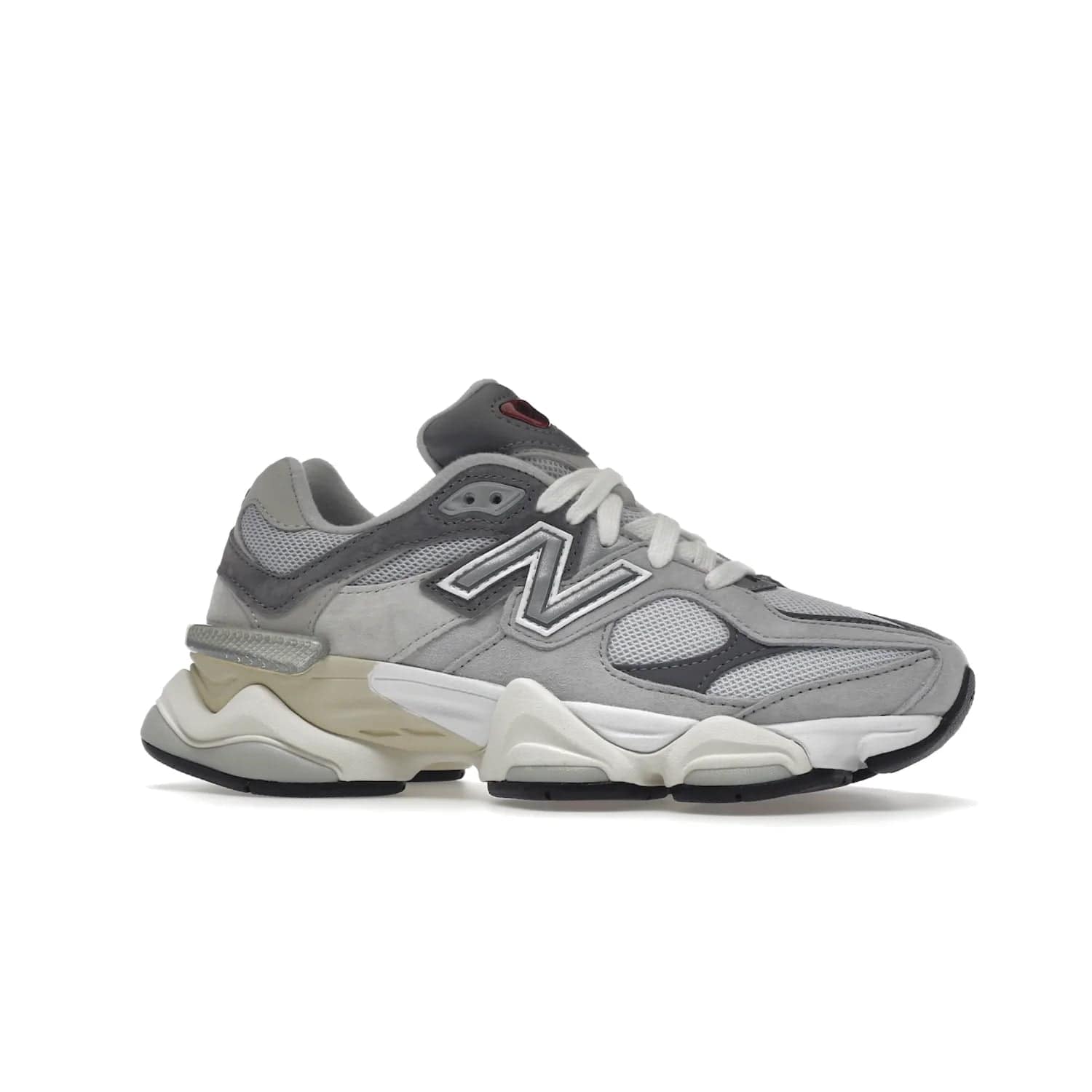 New Balance 9060 Rain Cloud Grey - Image 3 - Only at www.BallersClubKickz.com - New Balance 9060 Rain Cloud Grey is an early 2000s design with grey and off-white tones. Pigskin suede, mesh, and silver accents. "N" emblem and dual-density midsole on diamond outsole. ABZORB technology cushioning. September 2nd release for $150.