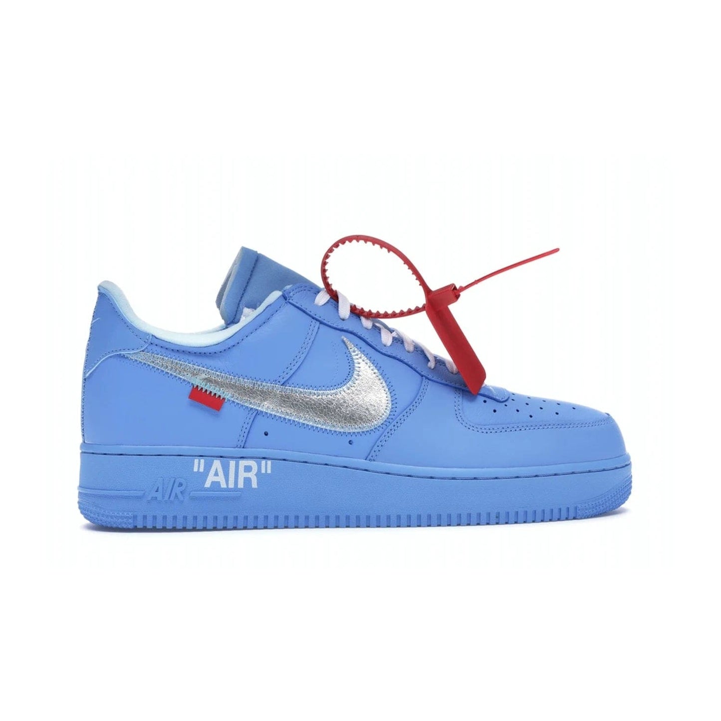 Nike Air Force 1 Low Off-White MCA University Blue - Image 36 - Only at www.BallersClubKickz.com - Virgil Abloh's Air Force 1 Low Off-White MCA University Blue: Features University Blue leather and midsole, reflective silver Nike Swoosh, red zip tie, white laces, and iconic Off-White™ branding. A must-have for any Virgil Abloh enthusiast.