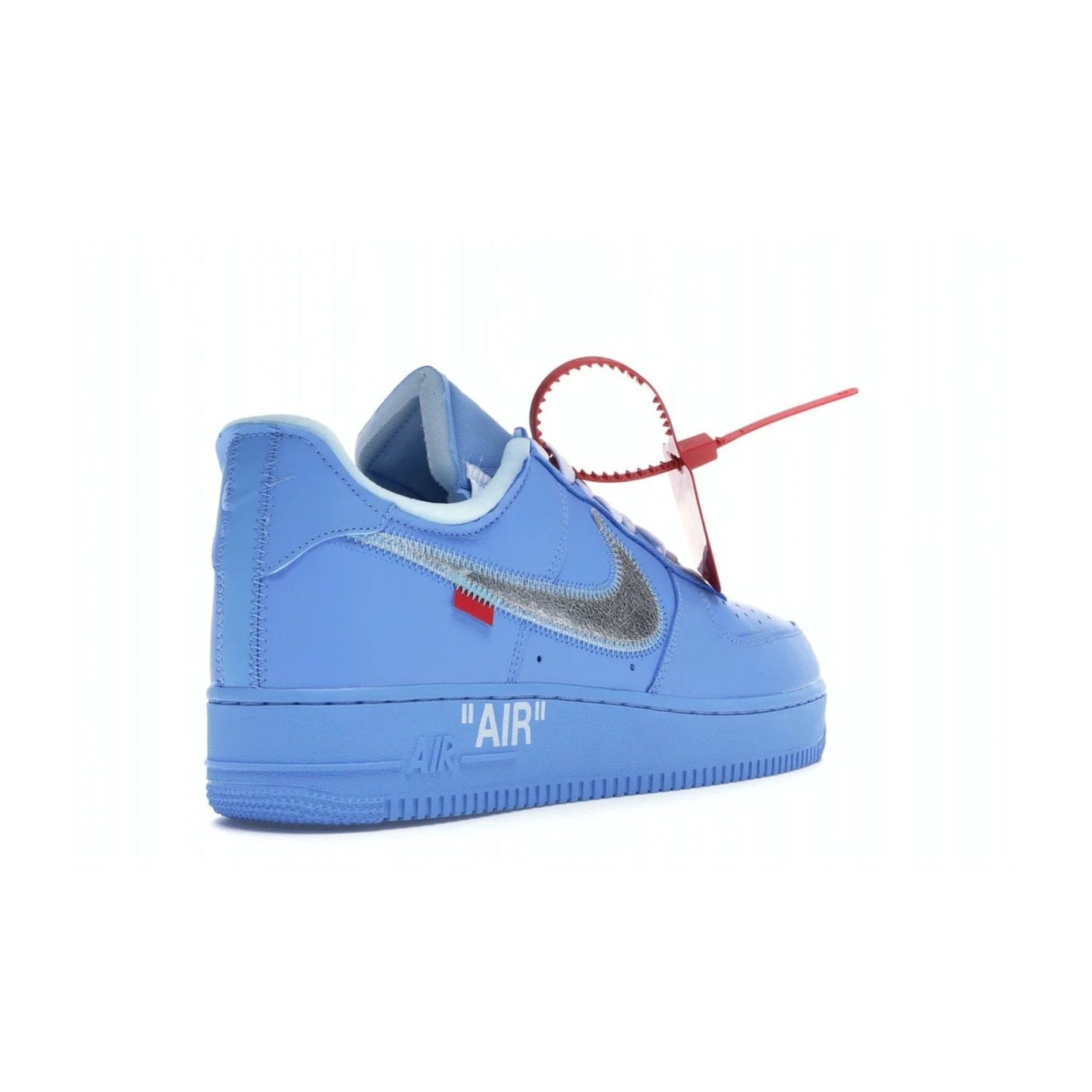Nike Air Force 1 Low Off-White MCA University Blue - Image 32 - Only at www.BallersClubKickz.com - Virgil Abloh's Air Force 1 Low Off-White MCA University Blue: Features University Blue leather and midsole, reflective silver Nike Swoosh, red zip tie, white laces, and iconic Off-White™ branding. A must-have for any Virgil Abloh enthusiast.