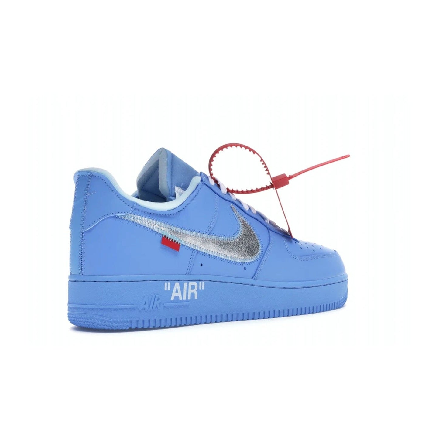 Nike Air Force 1 Low Off-White MCA University Blue - Image 33 - Only at www.BallersClubKickz.com - Virgil Abloh's Air Force 1 Low Off-White MCA University Blue: Features University Blue leather and midsole, reflective silver Nike Swoosh, red zip tie, white laces, and iconic Off-White™ branding. A must-have for any Virgil Abloh enthusiast.