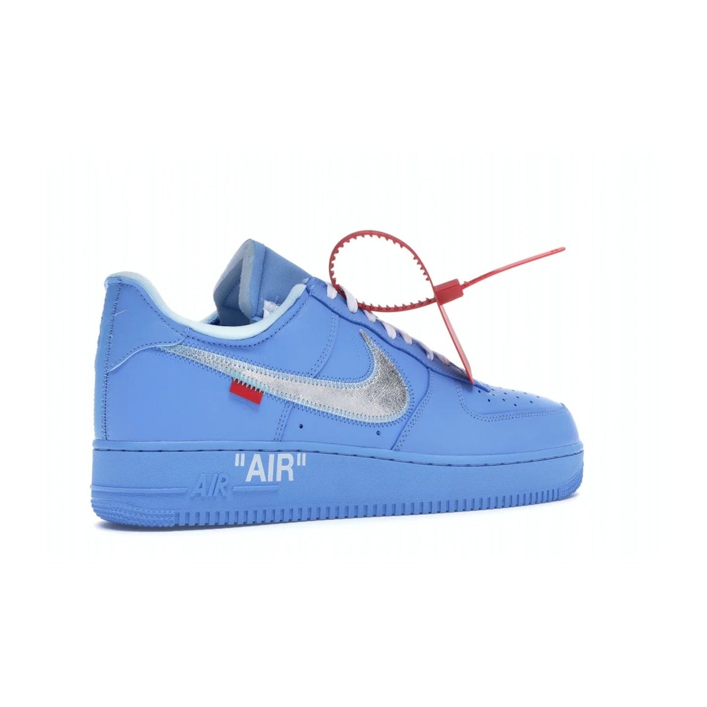 Nike Air Force 1 Low Off-White MCA University Blue - Image 34 - Only at www.BallersClubKickz.com - Virgil Abloh's Air Force 1 Low Off-White MCA University Blue: Features University Blue leather and midsole, reflective silver Nike Swoosh, red zip tie, white laces, and iconic Off-White™ branding. A must-have for any Virgil Abloh enthusiast.