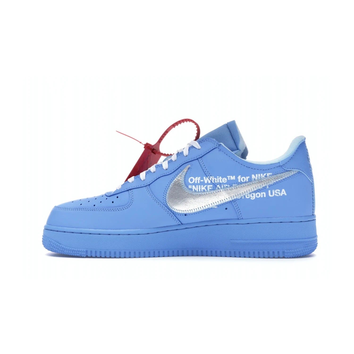 Nike Air Force 1 Low Off-White MCA University Blue - Image 20 - Only at www.BallersClubKickz.com - Virgil Abloh's Air Force 1 Low Off-White MCA University Blue: Features University Blue leather and midsole, reflective silver Nike Swoosh, red zip tie, white laces, and iconic Off-White™ branding. A must-have for any Virgil Abloh enthusiast.