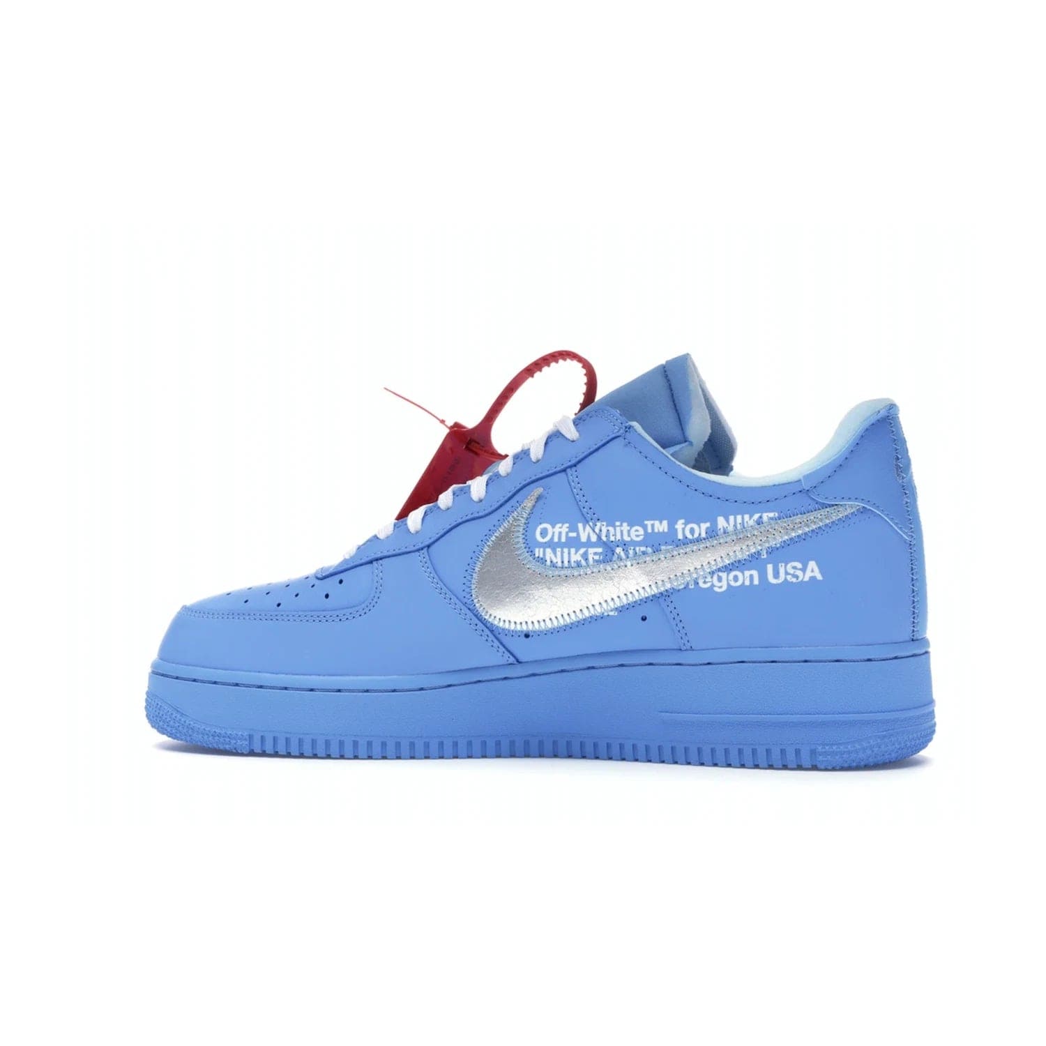 Nike Air Force 1 Low Off-White MCA University Blue - Image 21 - Only at www.BallersClubKickz.com - Virgil Abloh's Air Force 1 Low Off-White MCA University Blue: Features University Blue leather and midsole, reflective silver Nike Swoosh, red zip tie, white laces, and iconic Off-White™ branding. A must-have for any Virgil Abloh enthusiast.