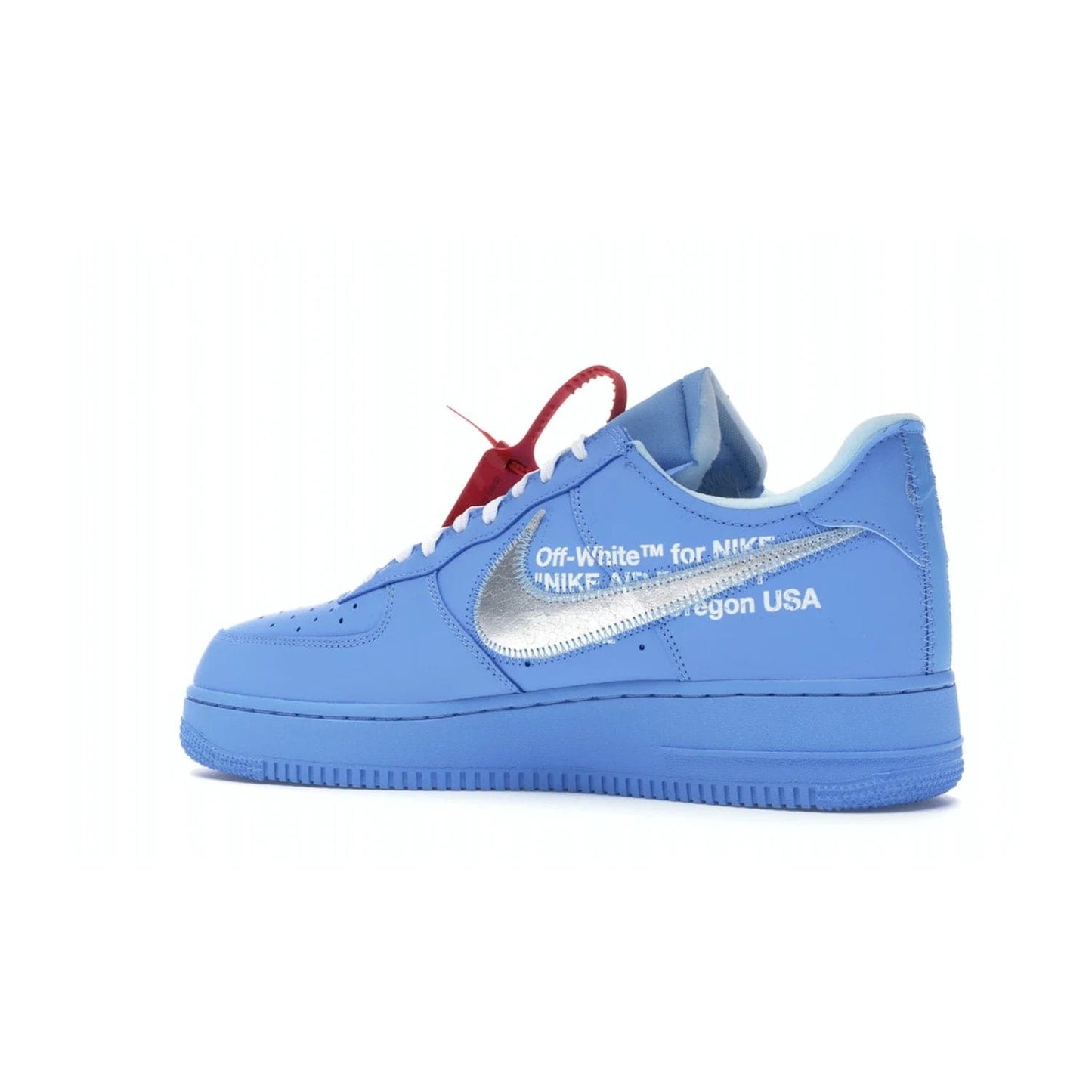 Nike Air Force 1 Low Off-White MCA University Blue - Image 22 - Only at www.BallersClubKickz.com - Virgil Abloh's Air Force 1 Low Off-White MCA University Blue: Features University Blue leather and midsole, reflective silver Nike Swoosh, red zip tie, white laces, and iconic Off-White™ branding. A must-have for any Virgil Abloh enthusiast.