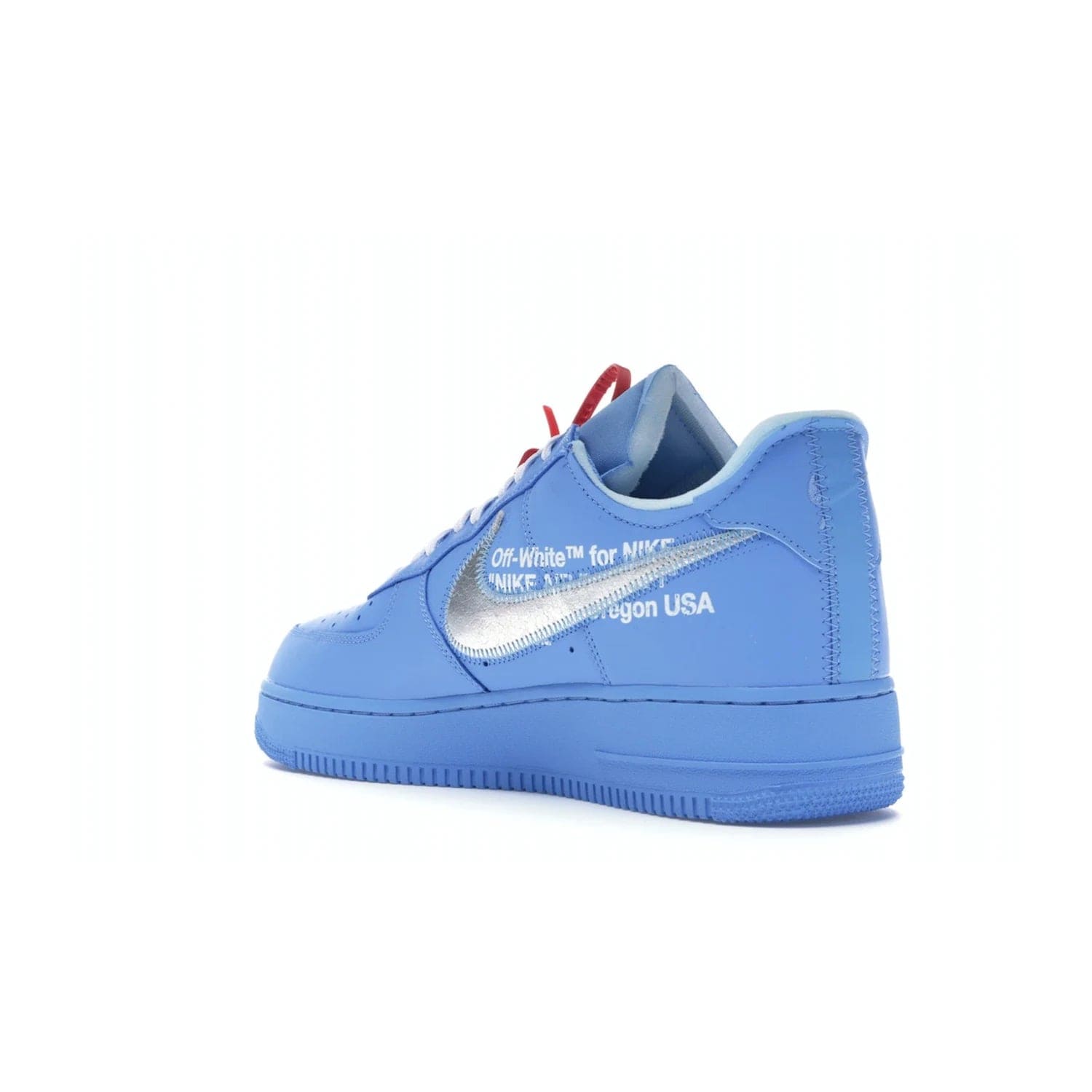 Nike Air Force 1 Low Off-White MCA University Blue - Image 24 - Only at www.BallersClubKickz.com - Virgil Abloh's Air Force 1 Low Off-White MCA University Blue: Features University Blue leather and midsole, reflective silver Nike Swoosh, red zip tie, white laces, and iconic Off-White™ branding. A must-have for any Virgil Abloh enthusiast.