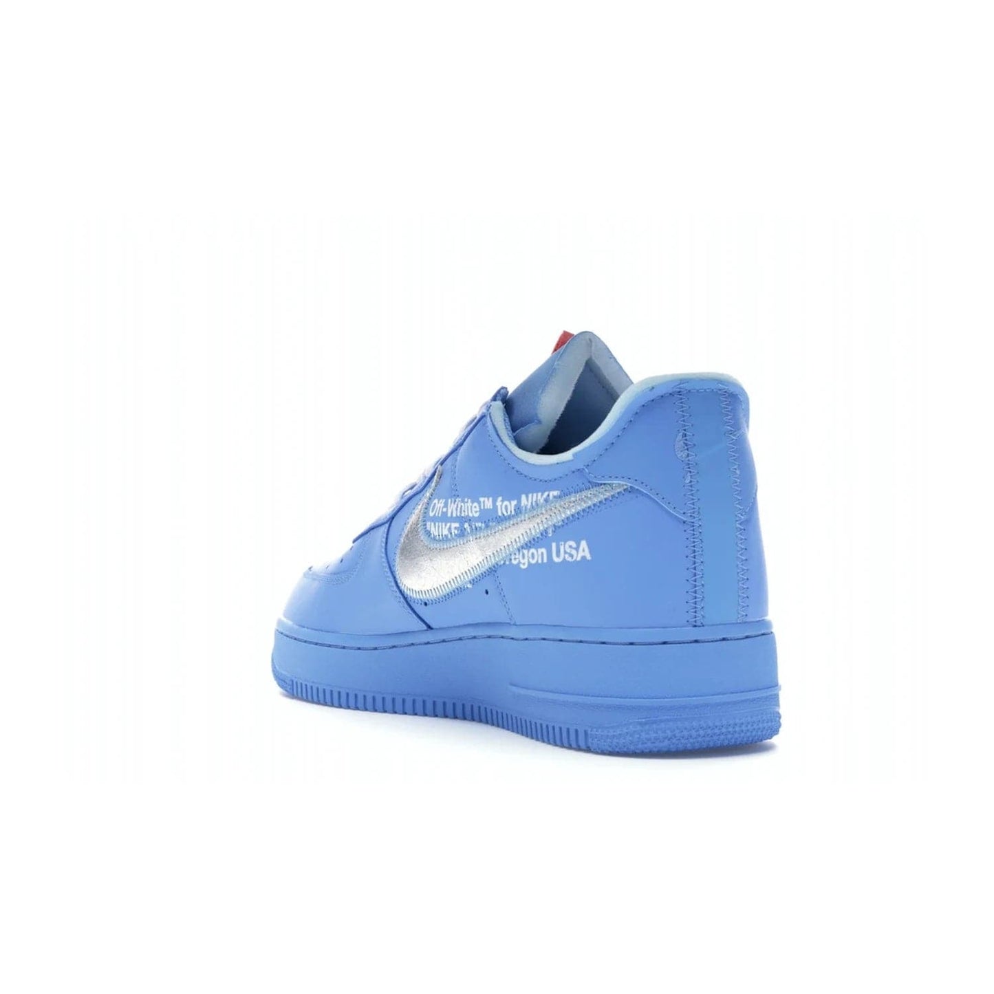 Nike Air Force 1 Low Off-White MCA University Blue - Image 25 - Only at www.BallersClubKickz.com - Virgil Abloh's Air Force 1 Low Off-White MCA University Blue: Features University Blue leather and midsole, reflective silver Nike Swoosh, red zip tie, white laces, and iconic Off-White™ branding. A must-have for any Virgil Abloh enthusiast.