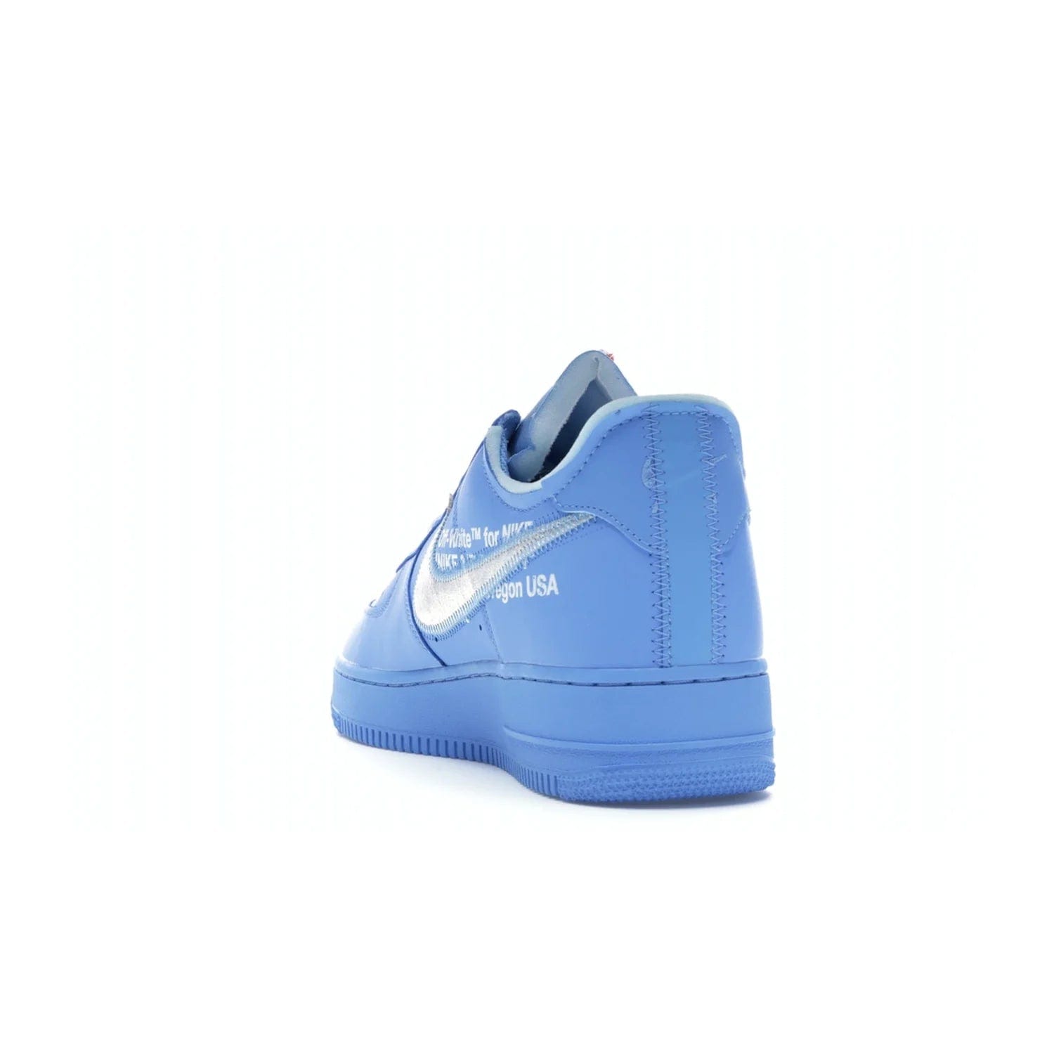 Nike Air Force 1 Low Off-White MCA University Blue - Image 26 - Only at www.BallersClubKickz.com - Virgil Abloh's Air Force 1 Low Off-White MCA University Blue: Features University Blue leather and midsole, reflective silver Nike Swoosh, red zip tie, white laces, and iconic Off-White™ branding. A must-have for any Virgil Abloh enthusiast.