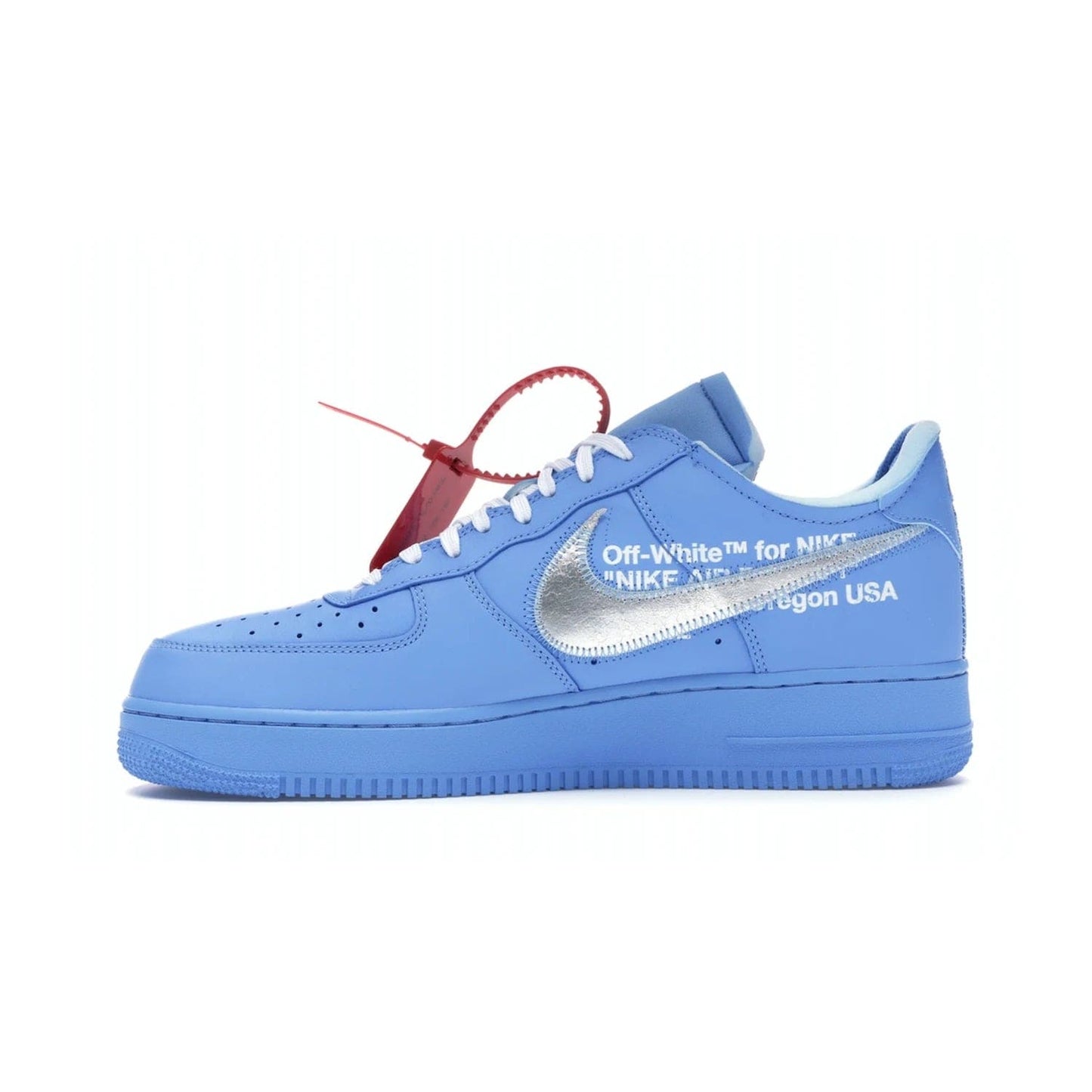 Nike Air Force 1 Low Off-White MCA University Blue - Image 19 - Only at www.BallersClubKickz.com - Virgil Abloh's Air Force 1 Low Off-White MCA University Blue: Features University Blue leather and midsole, reflective silver Nike Swoosh, red zip tie, white laces, and iconic Off-White™ branding. A must-have for any Virgil Abloh enthusiast.