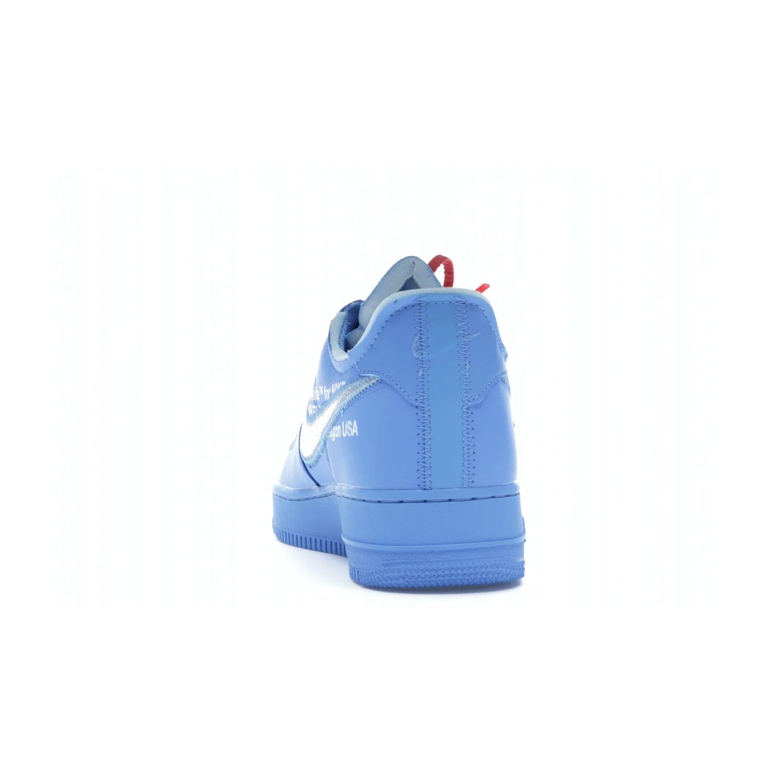 Nike Air Force 1 Low Off-White MCA University Blue - Image 27 - Only at www.BallersClubKickz.com - Virgil Abloh's Air Force 1 Low Off-White MCA University Blue: Features University Blue leather and midsole, reflective silver Nike Swoosh, red zip tie, white laces, and iconic Off-White™ branding. A must-have for any Virgil Abloh enthusiast.