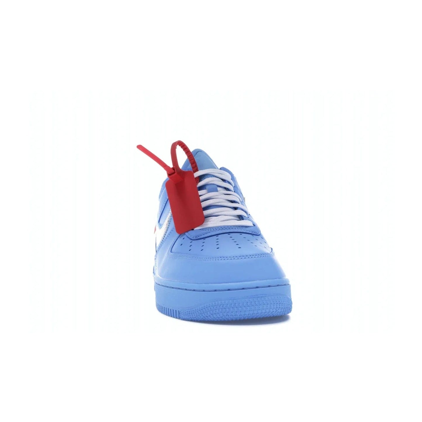 Nike Air Force 1 Low Off-White MCA University Blue - Image 9 - Only at www.BallersClubKickz.com - Virgil Abloh's Air Force 1 Low Off-White MCA University Blue: Features University Blue leather and midsole, reflective silver Nike Swoosh, red zip tie, white laces, and iconic Off-White™ branding. A must-have for any Virgil Abloh enthusiast.