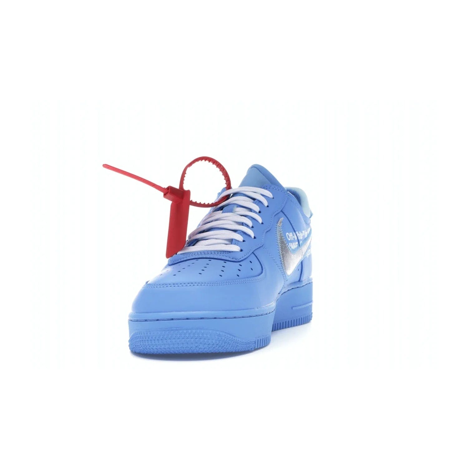 Nike Air Force 1 Low Off-White MCA University Blue - Image 12 - Only at www.BallersClubKickz.com - Virgil Abloh's Air Force 1 Low Off-White MCA University Blue: Features University Blue leather and midsole, reflective silver Nike Swoosh, red zip tie, white laces, and iconic Off-White™ branding. A must-have for any Virgil Abloh enthusiast.