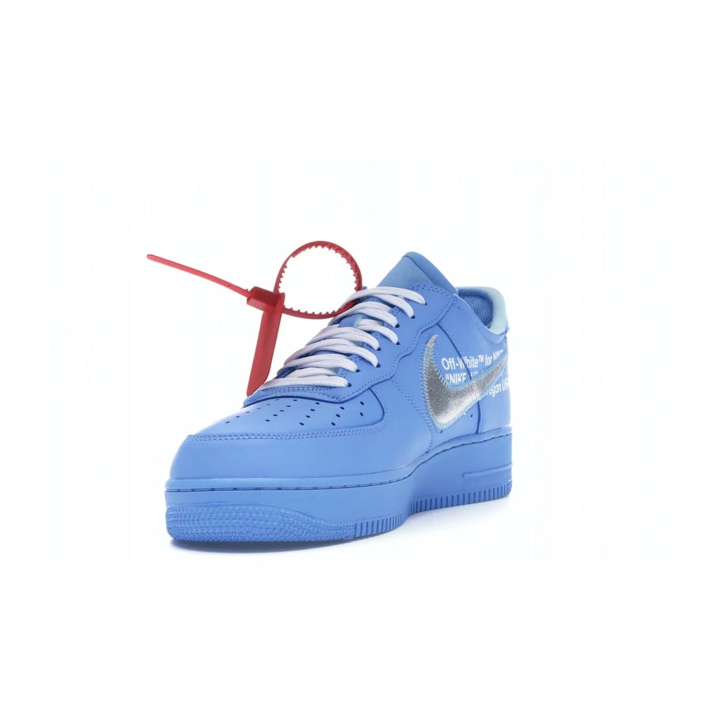 Nike Air Force 1 Low Off-White MCA University Blue - Image 13 - Only at www.BallersClubKickz.com - Virgil Abloh's Air Force 1 Low Off-White MCA University Blue: Features University Blue leather and midsole, reflective silver Nike Swoosh, red zip tie, white laces, and iconic Off-White™ branding. A must-have for any Virgil Abloh enthusiast.